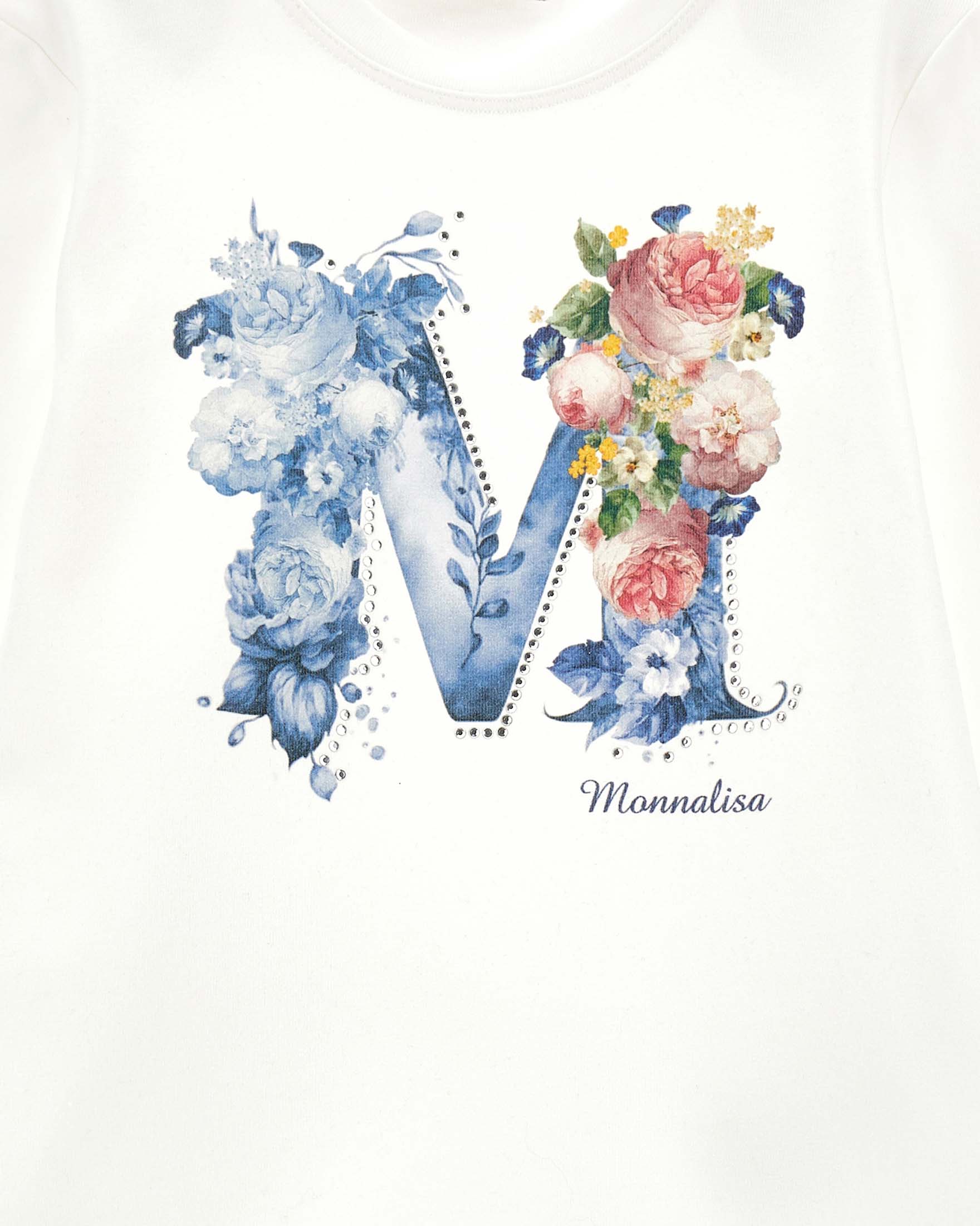 T-shirt Monnalisa bianca in cotone stretch a maniche lunghe con stampa logo floreale image
