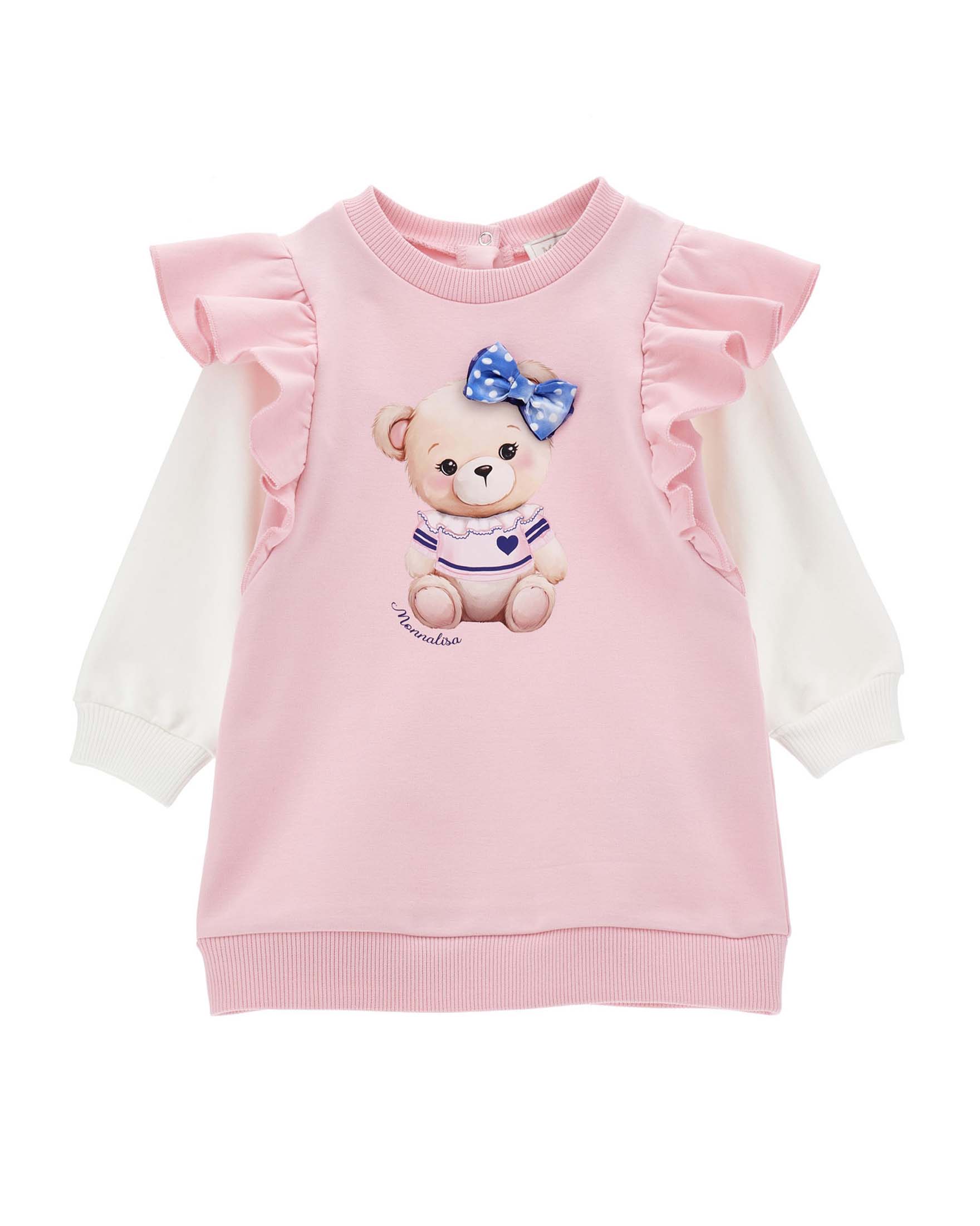 Abito rosa a in felpa di cotone stretch con volants e maniche lunghe bianche
