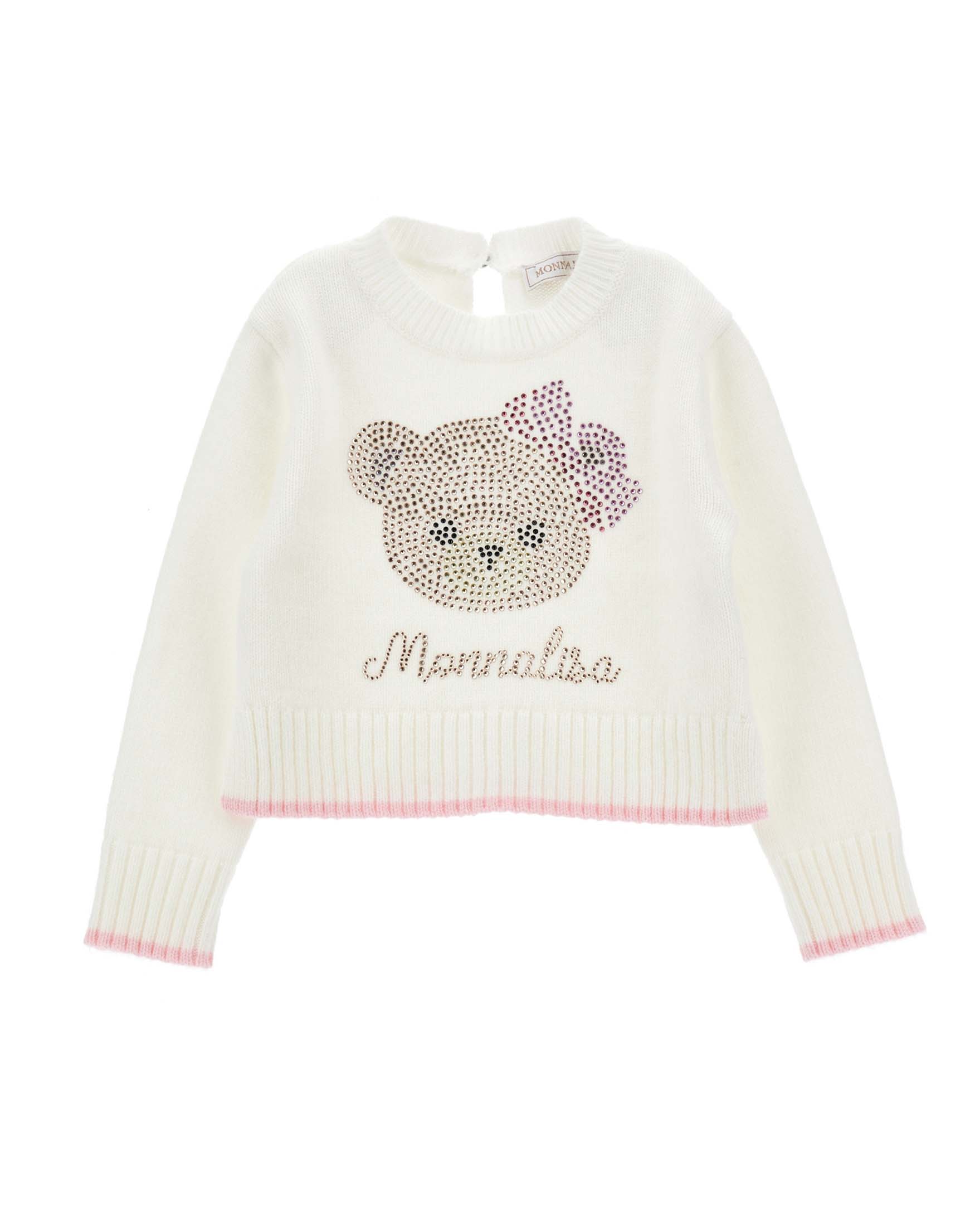 Maglia Monnalisa bianca in misto lana e viscosa con orsetta strass
