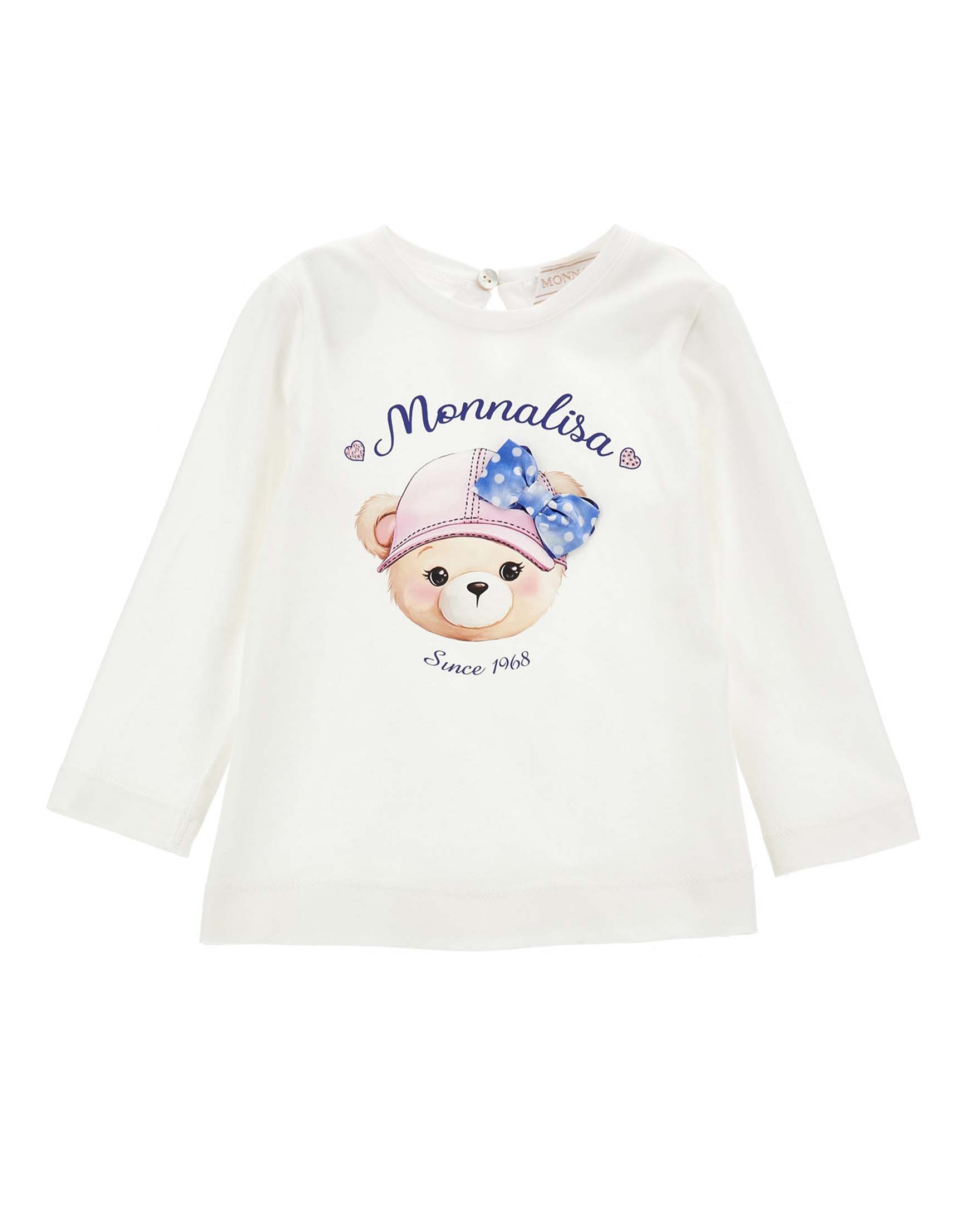 T-shirt Monnalisa bianca in cotone a maniche lunghe con stampa orsa logo