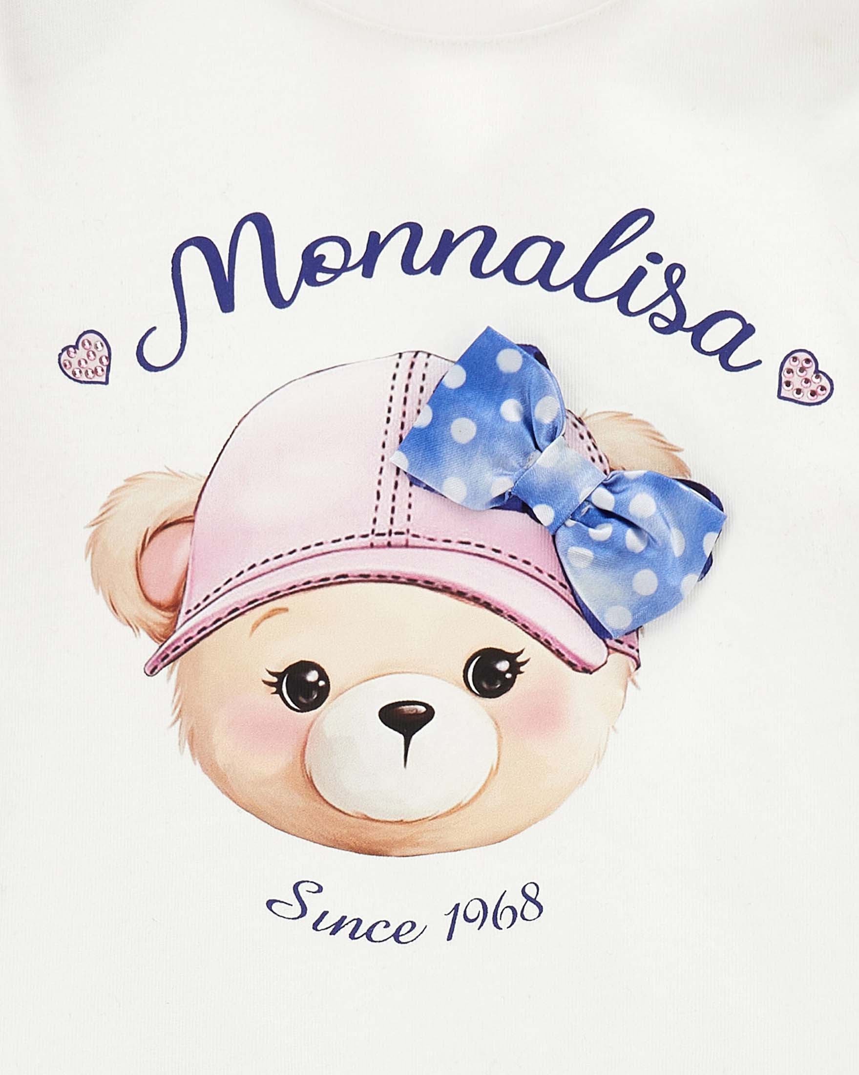 T-shirt Monnalisa bianca in cotone a maniche lunghe con stampa orsa logo image