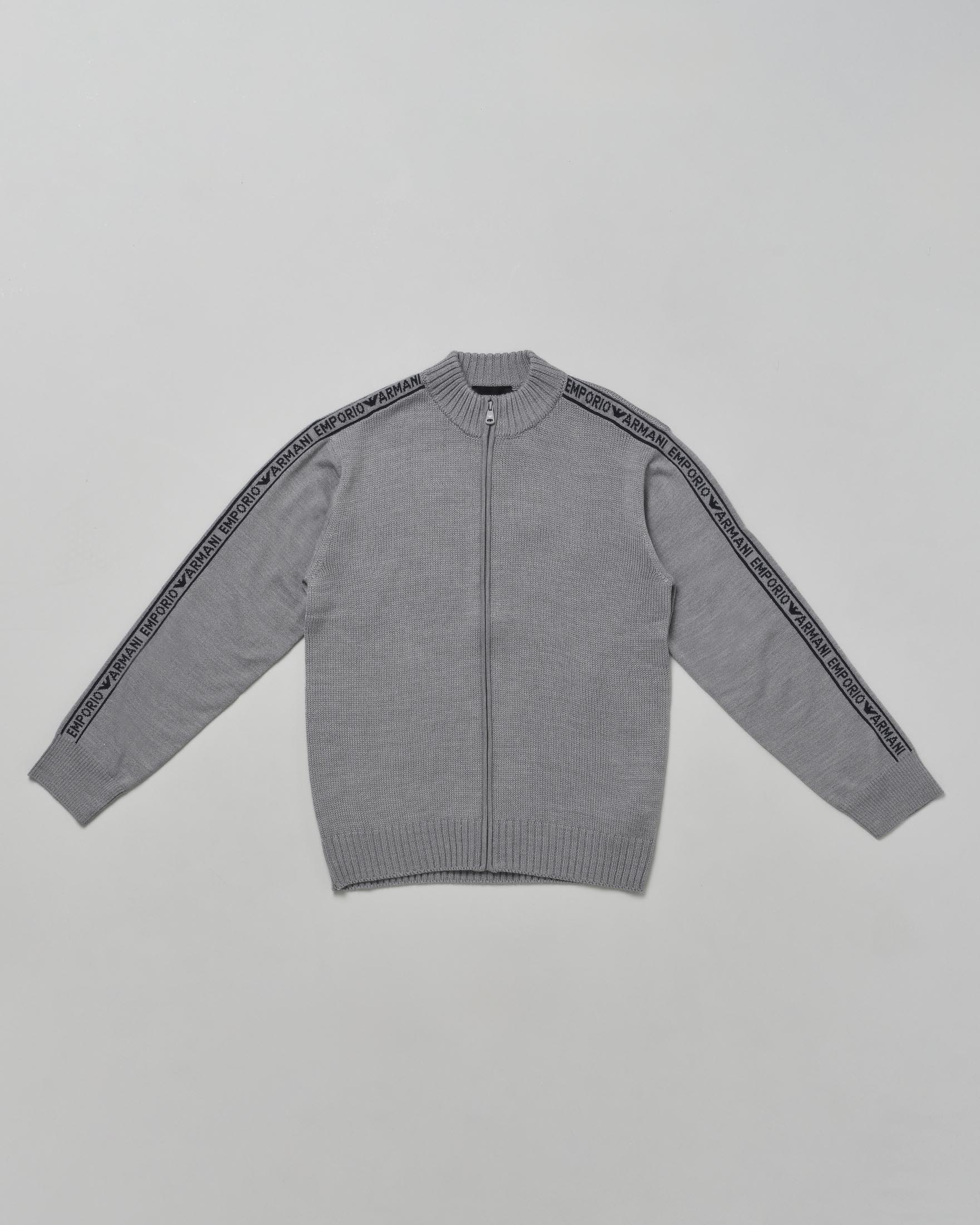 Maglia lana grigia con zip e bande logate