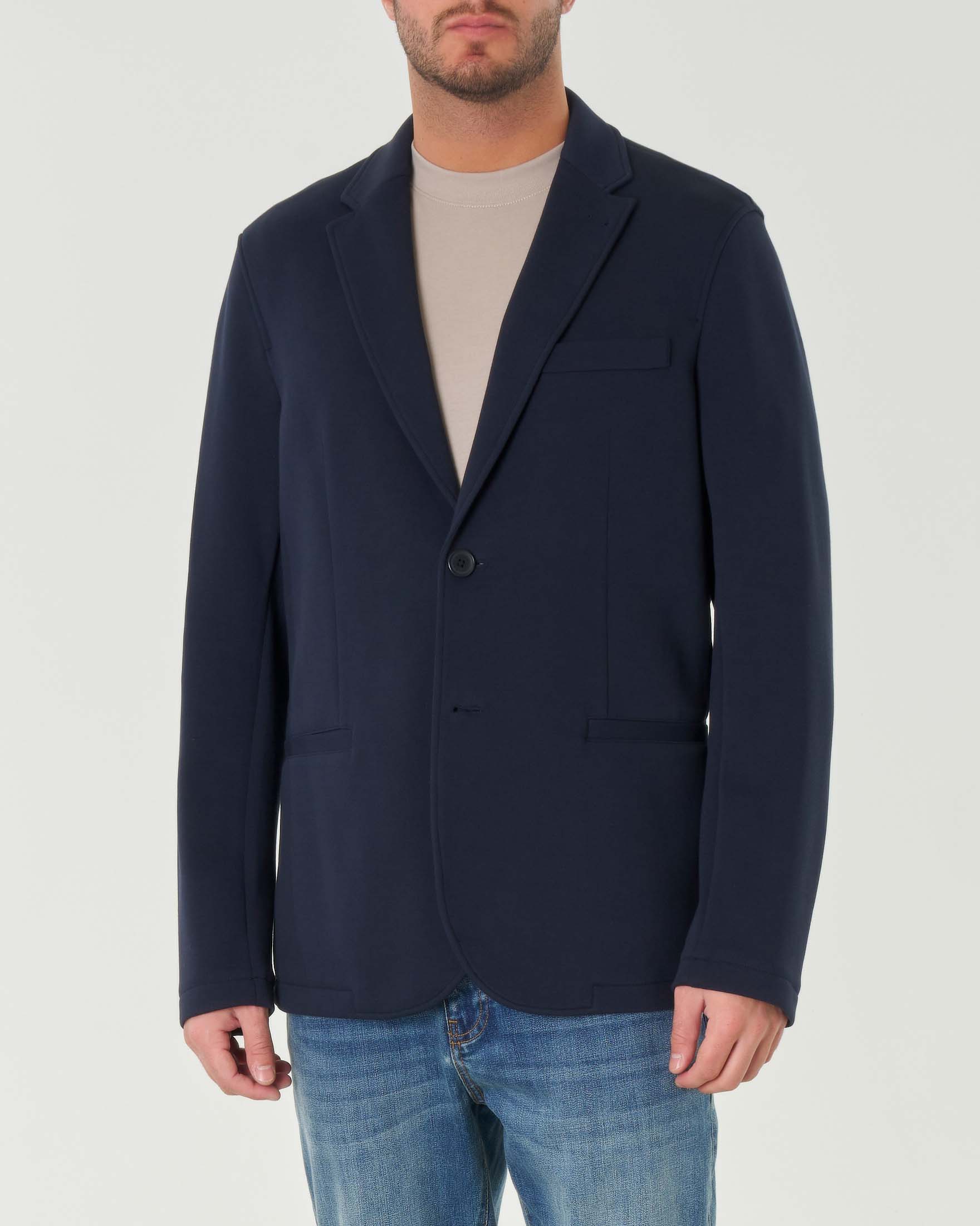 Blazer blu vestibilità oversize in pique di cotone stretch con tasche a filo sul davanti