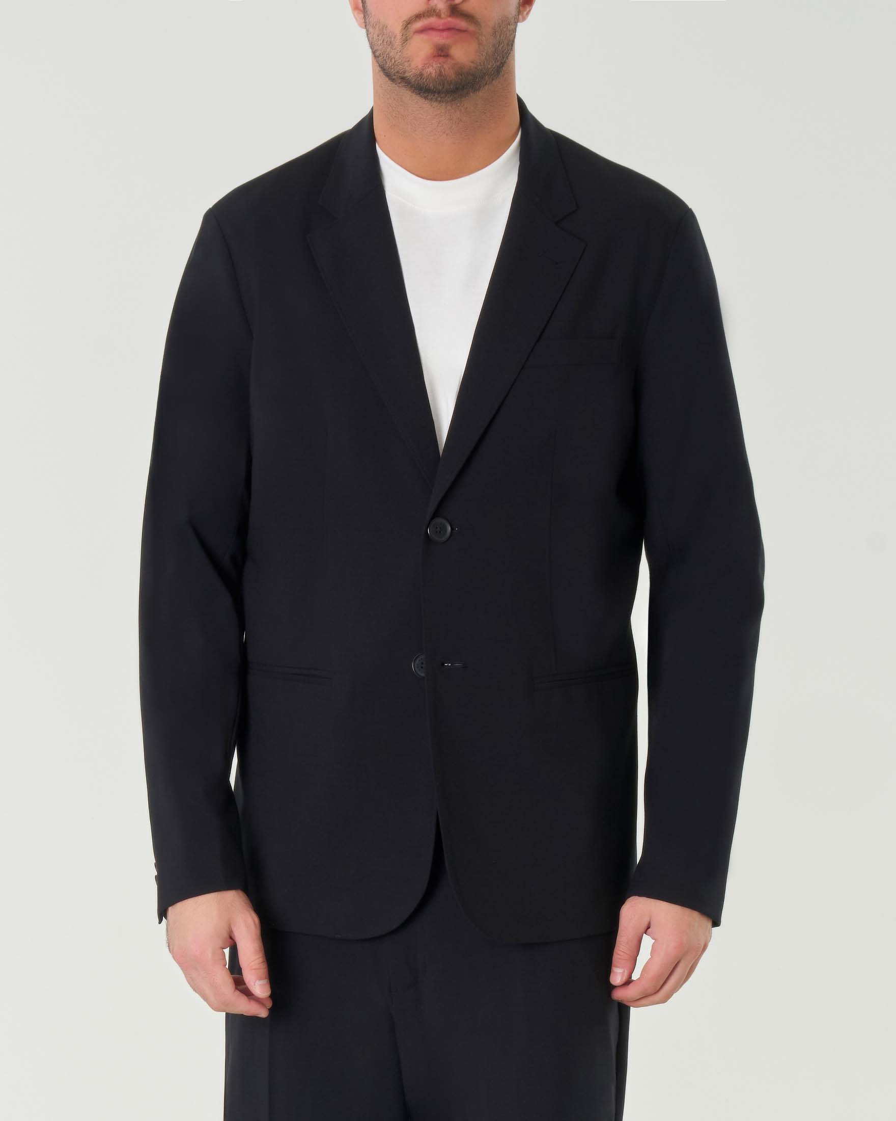 Blazer nero vestibilità oversize in tela di misto lana e viscosa stretch con rever classico