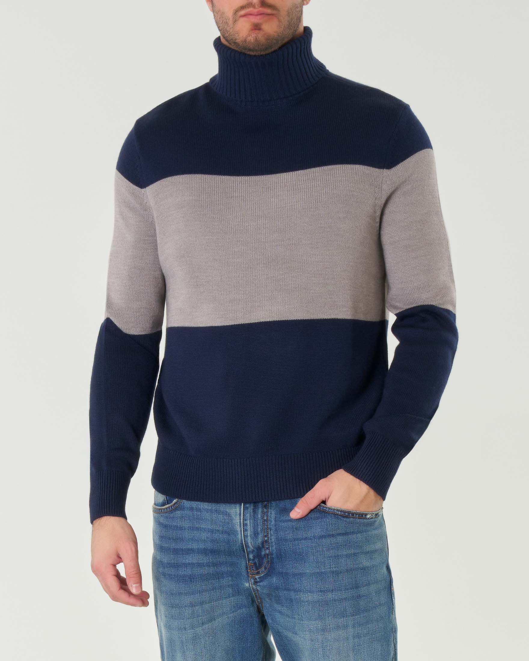 Dolcevita blu e grigio color-block in maglia rasata di misto cotone e lana
