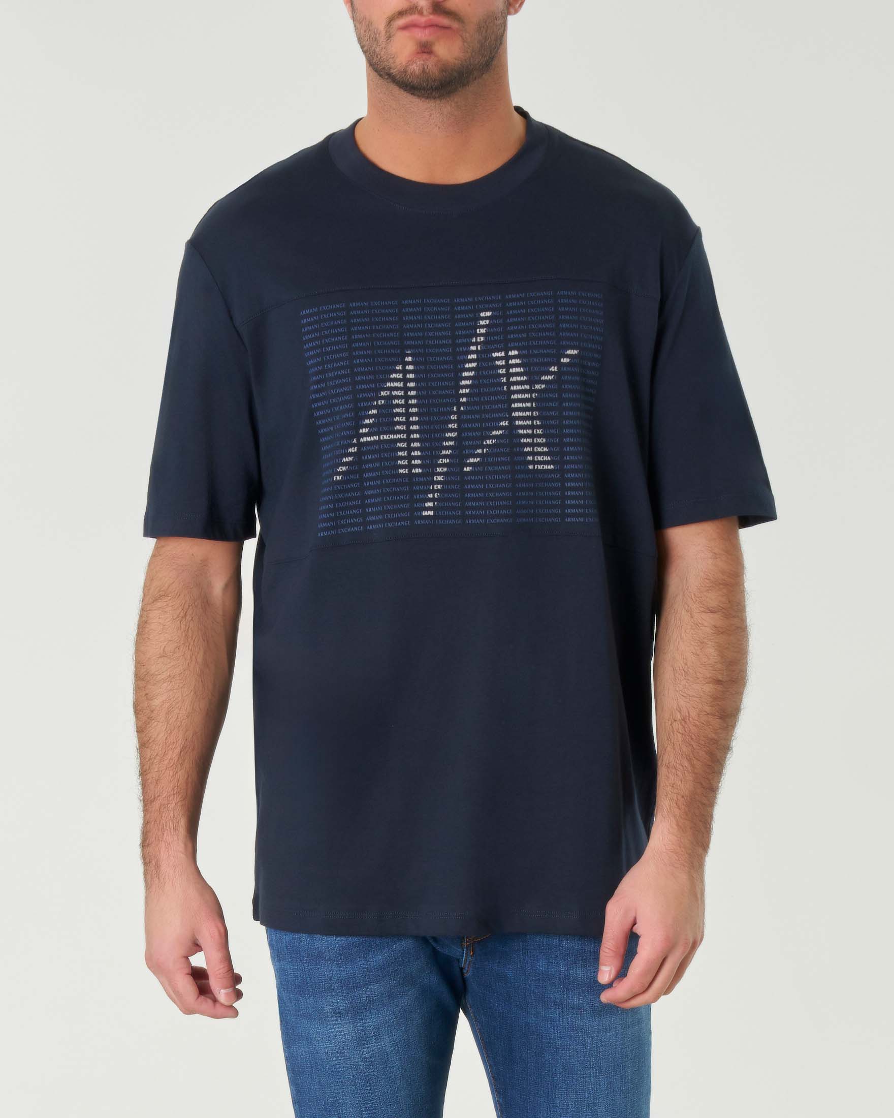 T-shirt blu in puro cotone con stampa box multilogo grigio e blu sul davanti