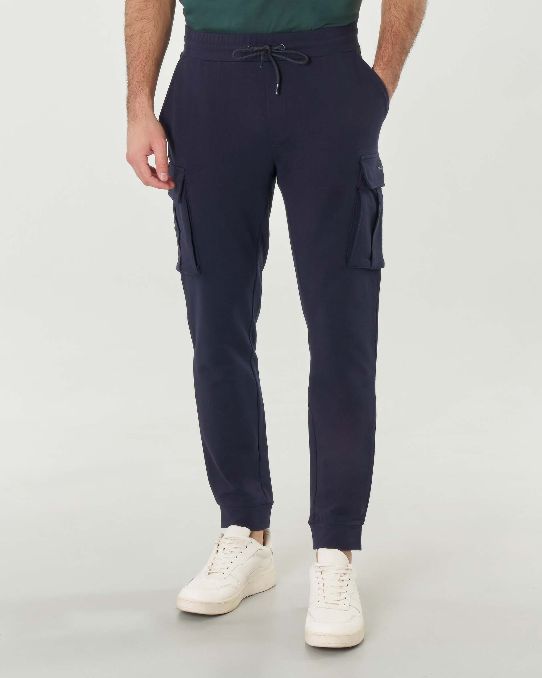 Pantaloni blu in felpa di cotone stretch con tasche cargo laterali con logo ricamato