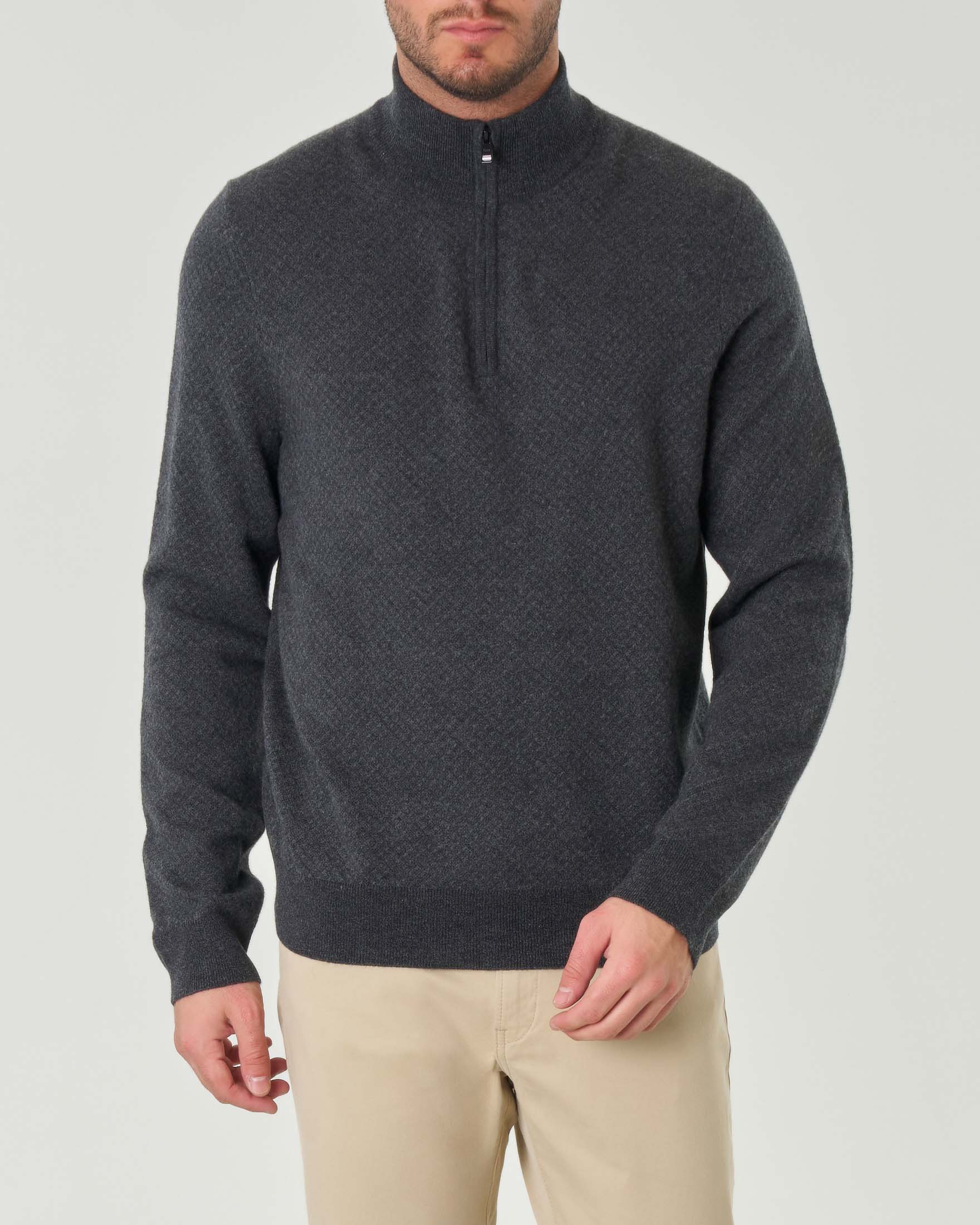 Maglia color antracite Eltorino in lana e cotone a motivo jacquard con collo alto e cerniera