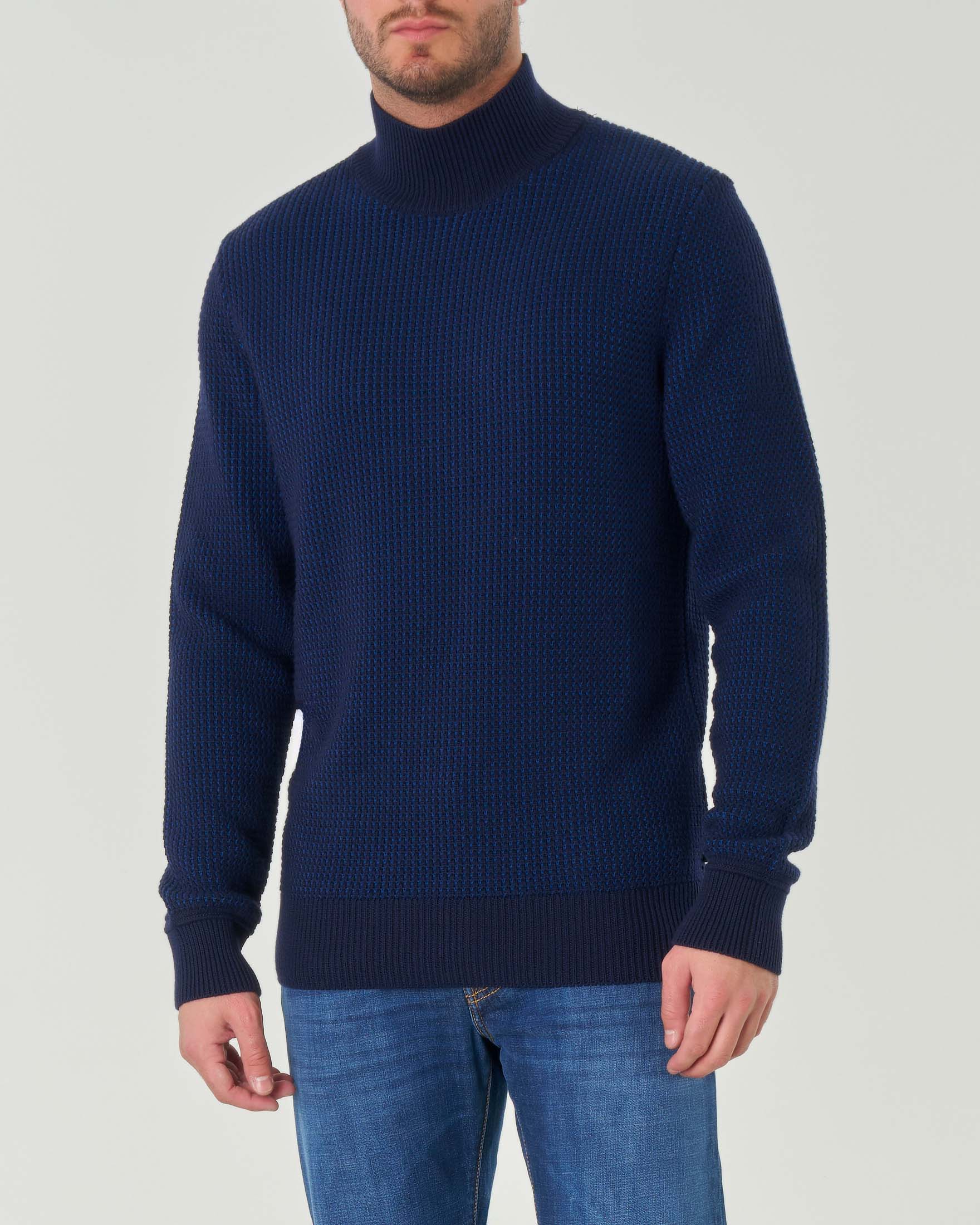 Lupetto blu in misto cotone e lana micro armatura