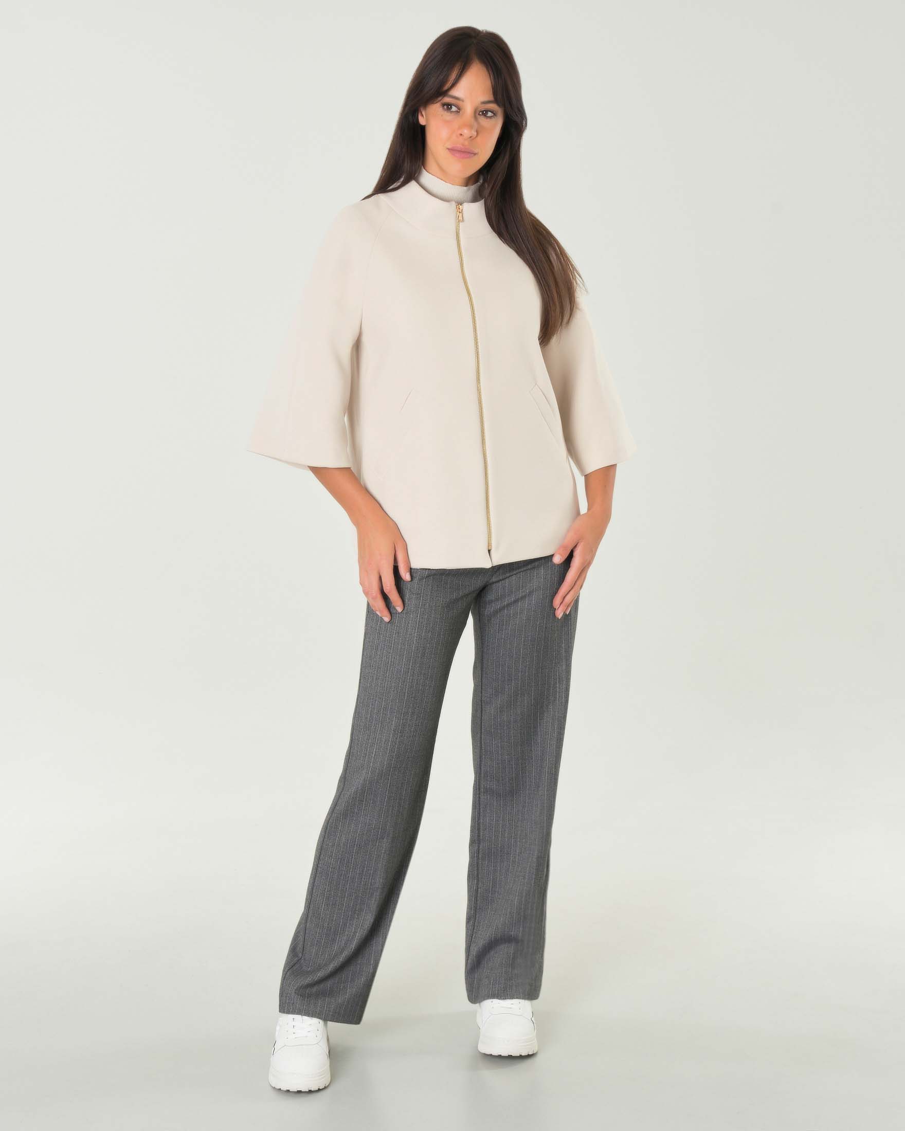 Caban color panna in misto viscosa con maniche tre quarti e collo in piedi