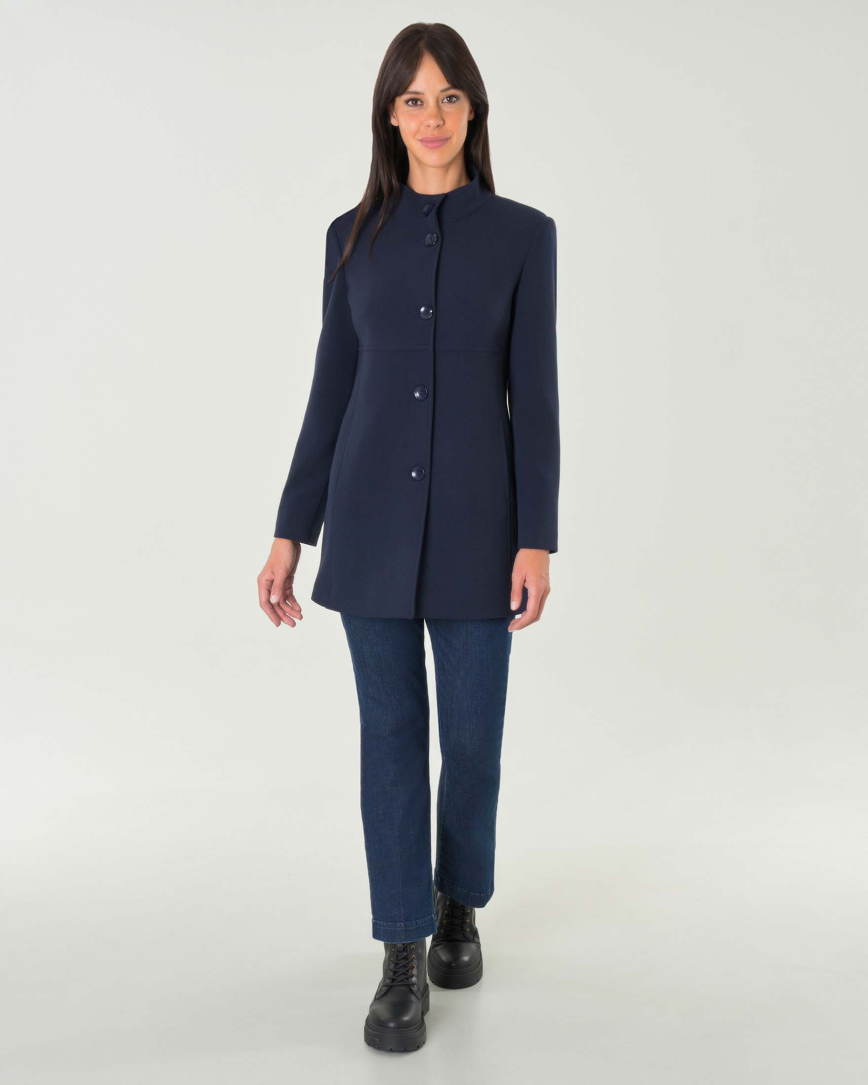 Cappottino blu in crêpe di misto viscosa con colletto in piedi
