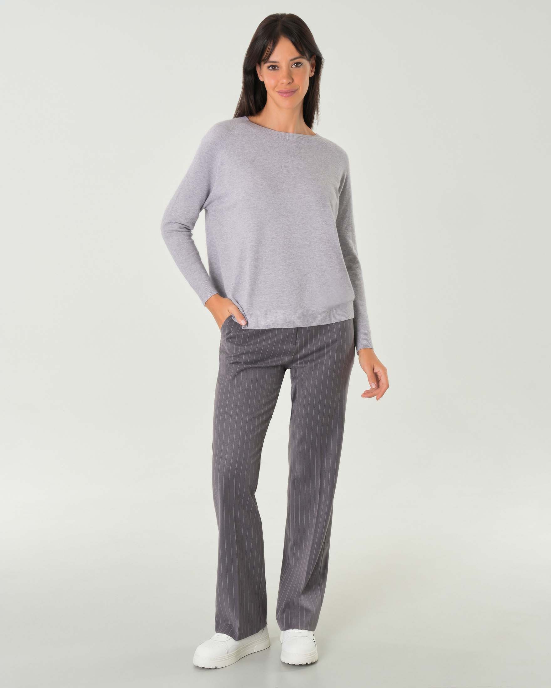 Pantaloni grigio medi gessati in misto viscosa stretch