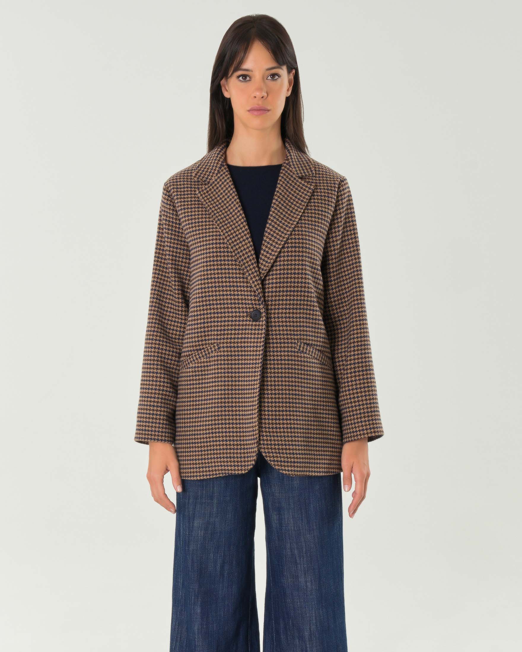 Blazer over cammello a fantasia pied de poule blu in misto lana image