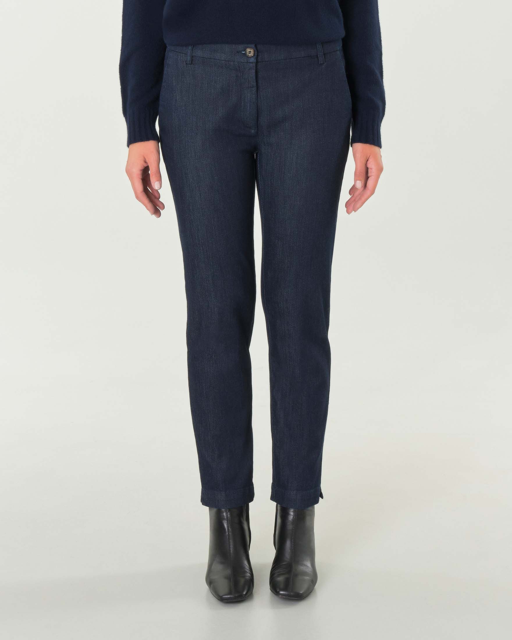Jeans chino blu tramato in cotone stretch con spacchetti laterali al fondo image