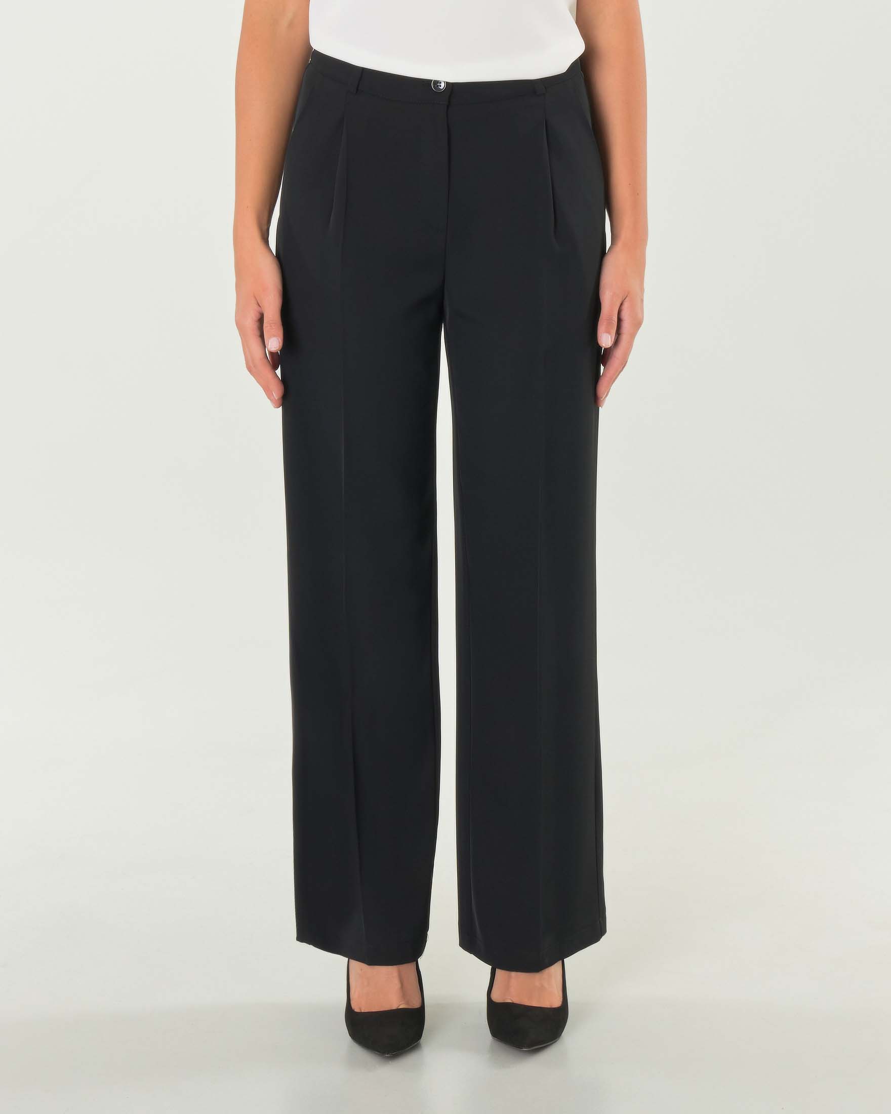 Pantaloni straight neri in tessuto stretch fluido con pinces in vita image