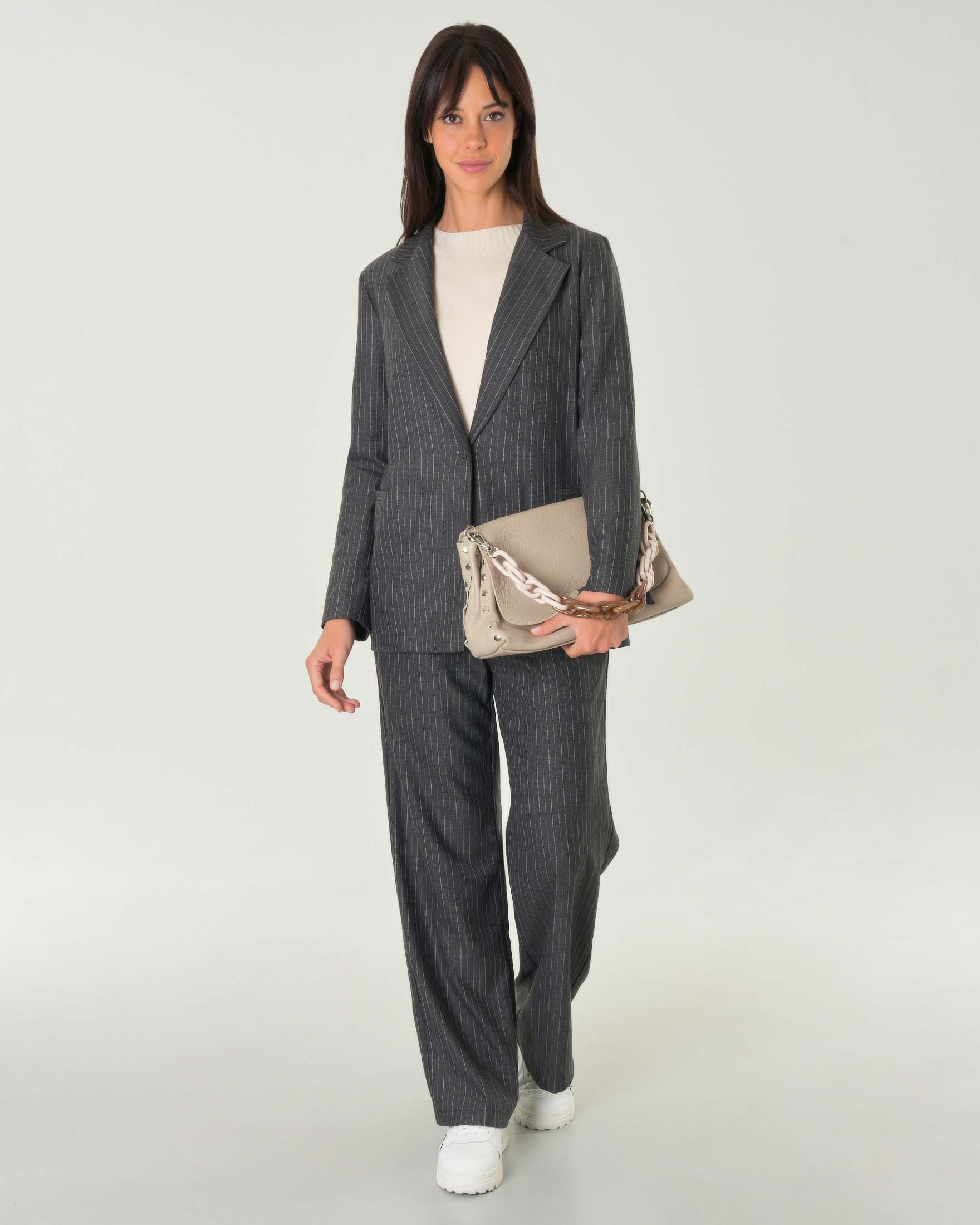 Blazer a un bottone grigio gessato color beige con scollo a rever