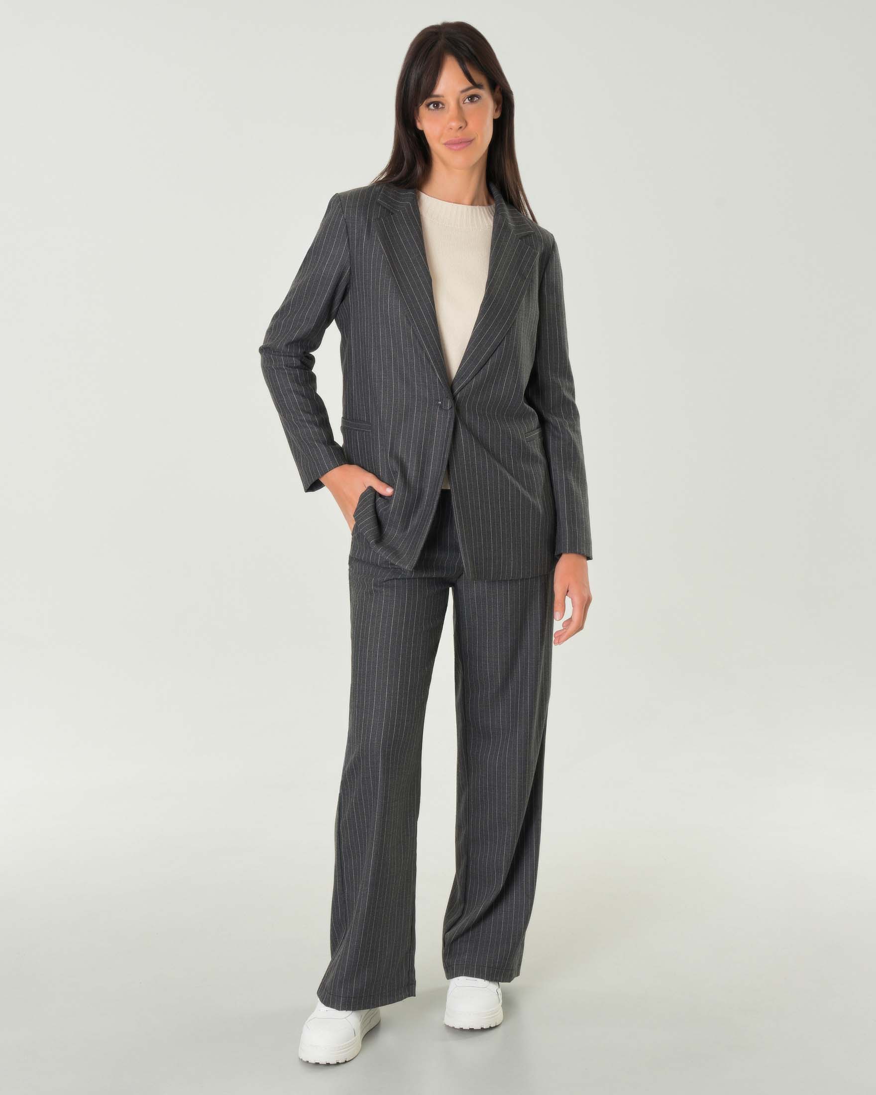 Blazer a un bottone grigio gessato color beige con scollo a rever image