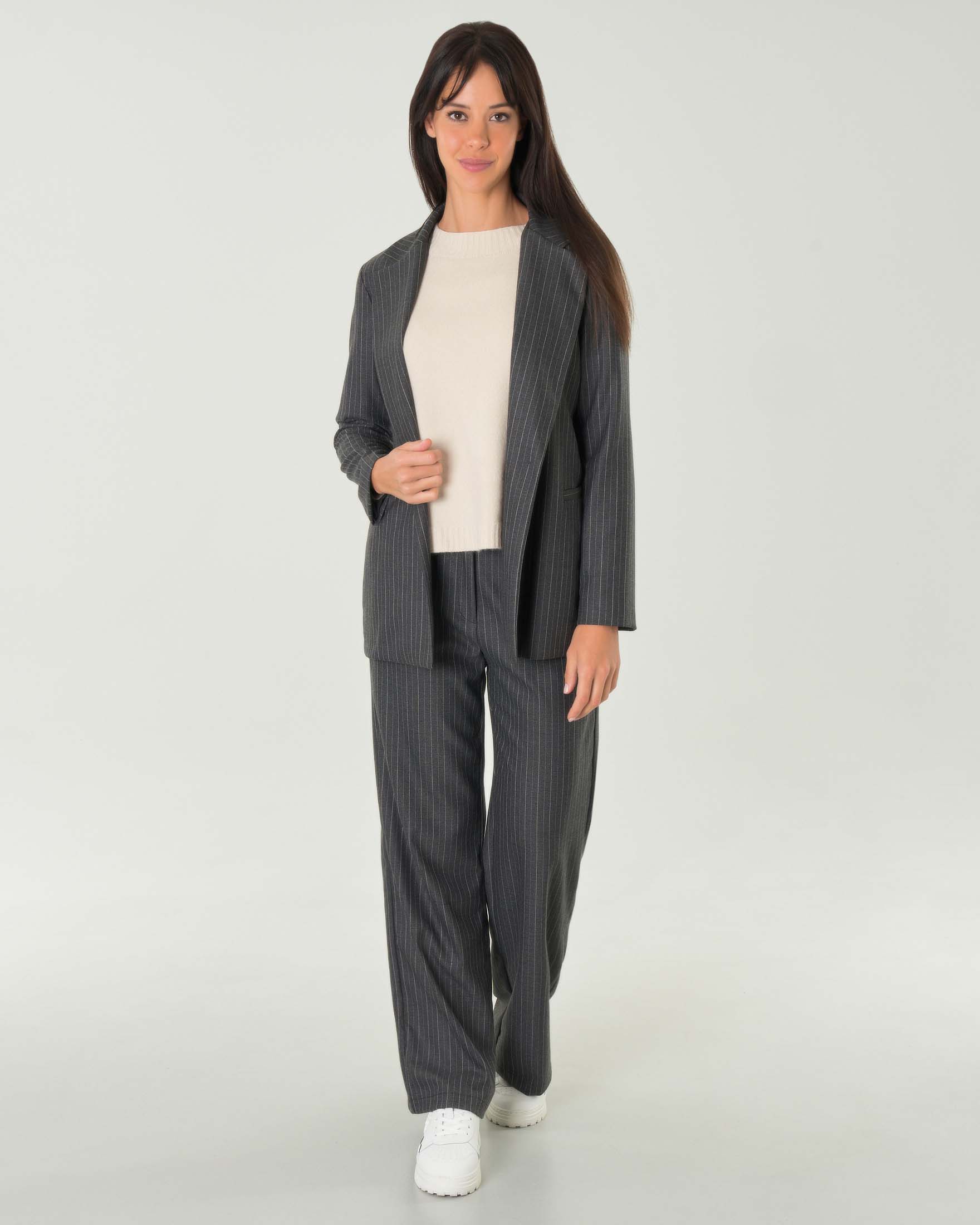 Pantaloni grigio scuri straight in misto viscosa gessato beige con pinces in vita