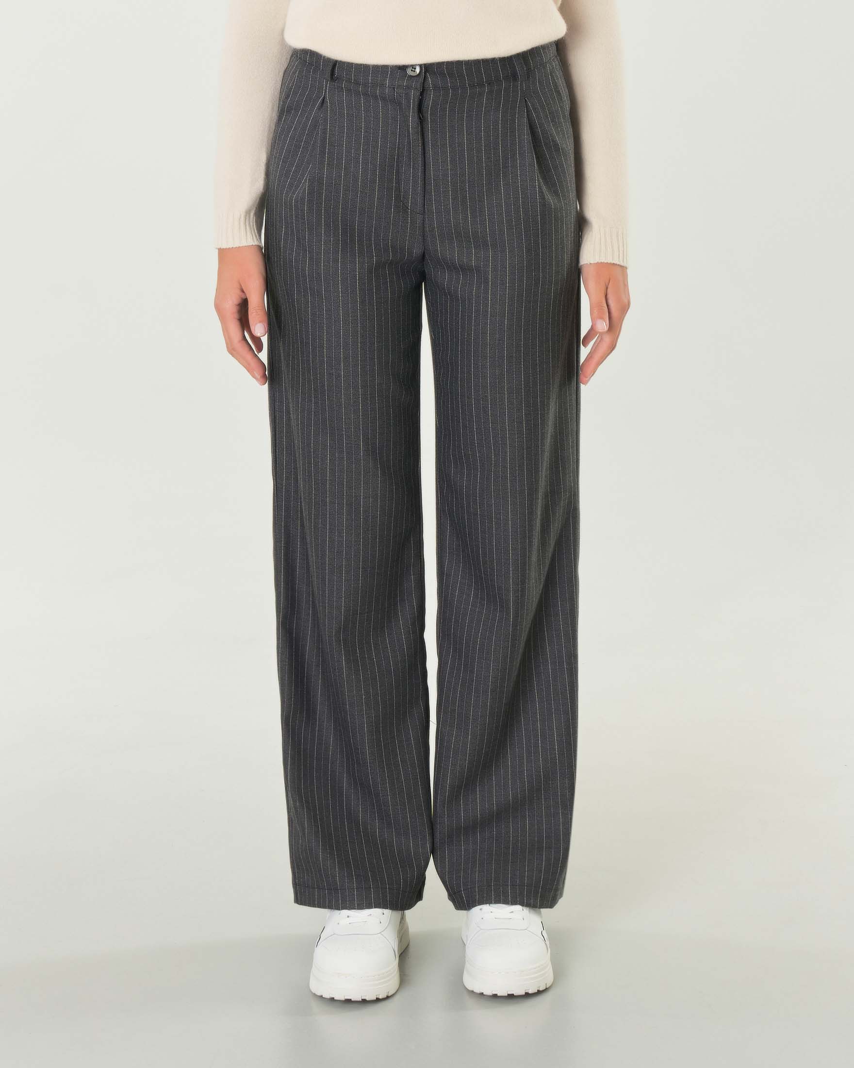 Pantaloni grigio scuri straight in misto viscosa gessato beige con pinces in vita image