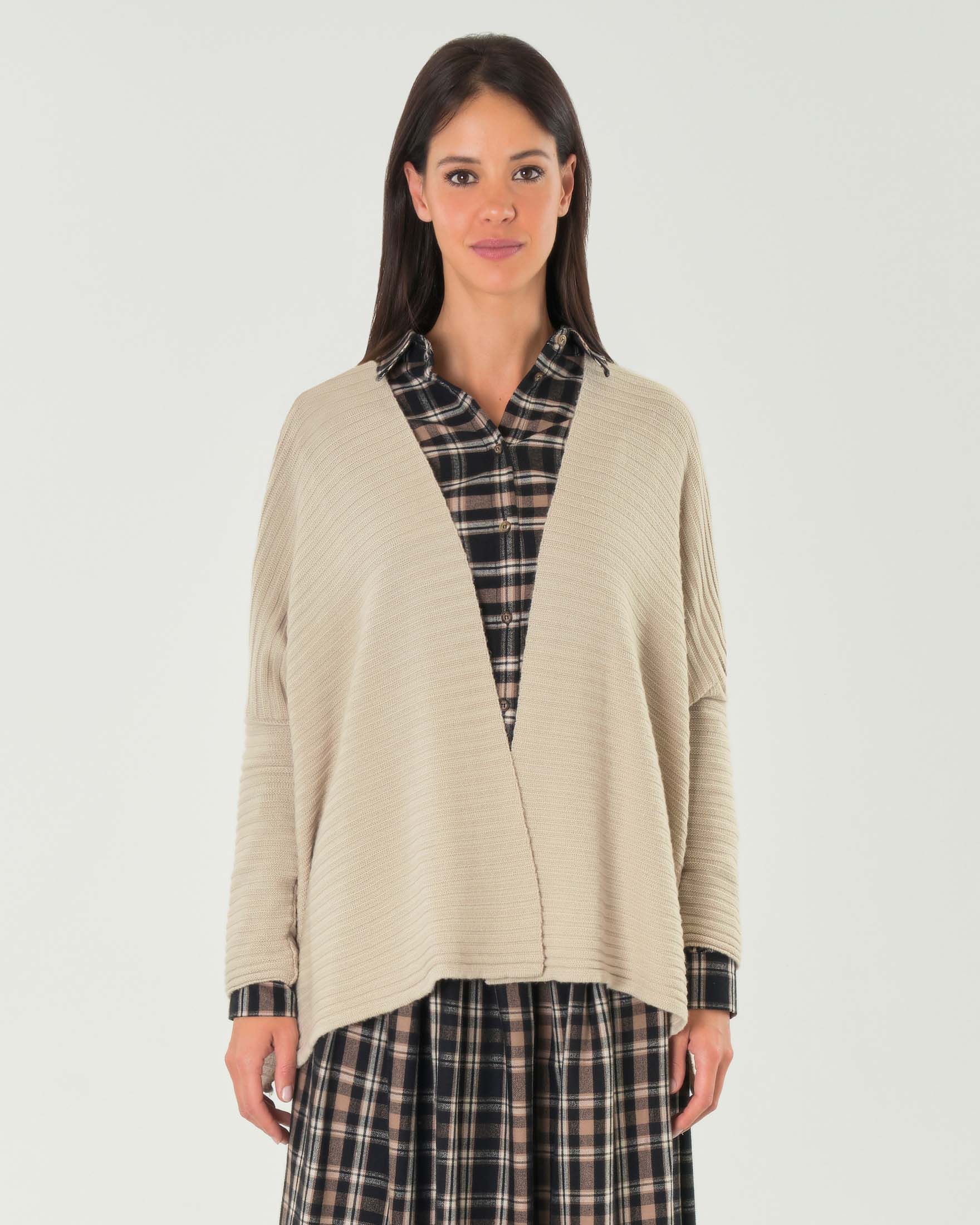 Maxi cardigan beige in lana a coste orizzontali con spalle scese image