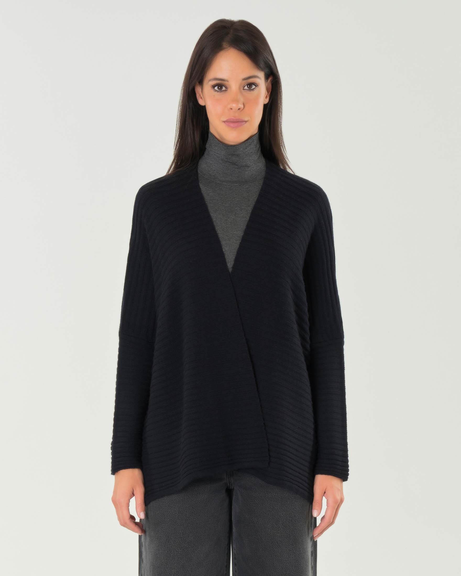 Maxi cardigan nero in lana a coste orizzontali con spalle scese image