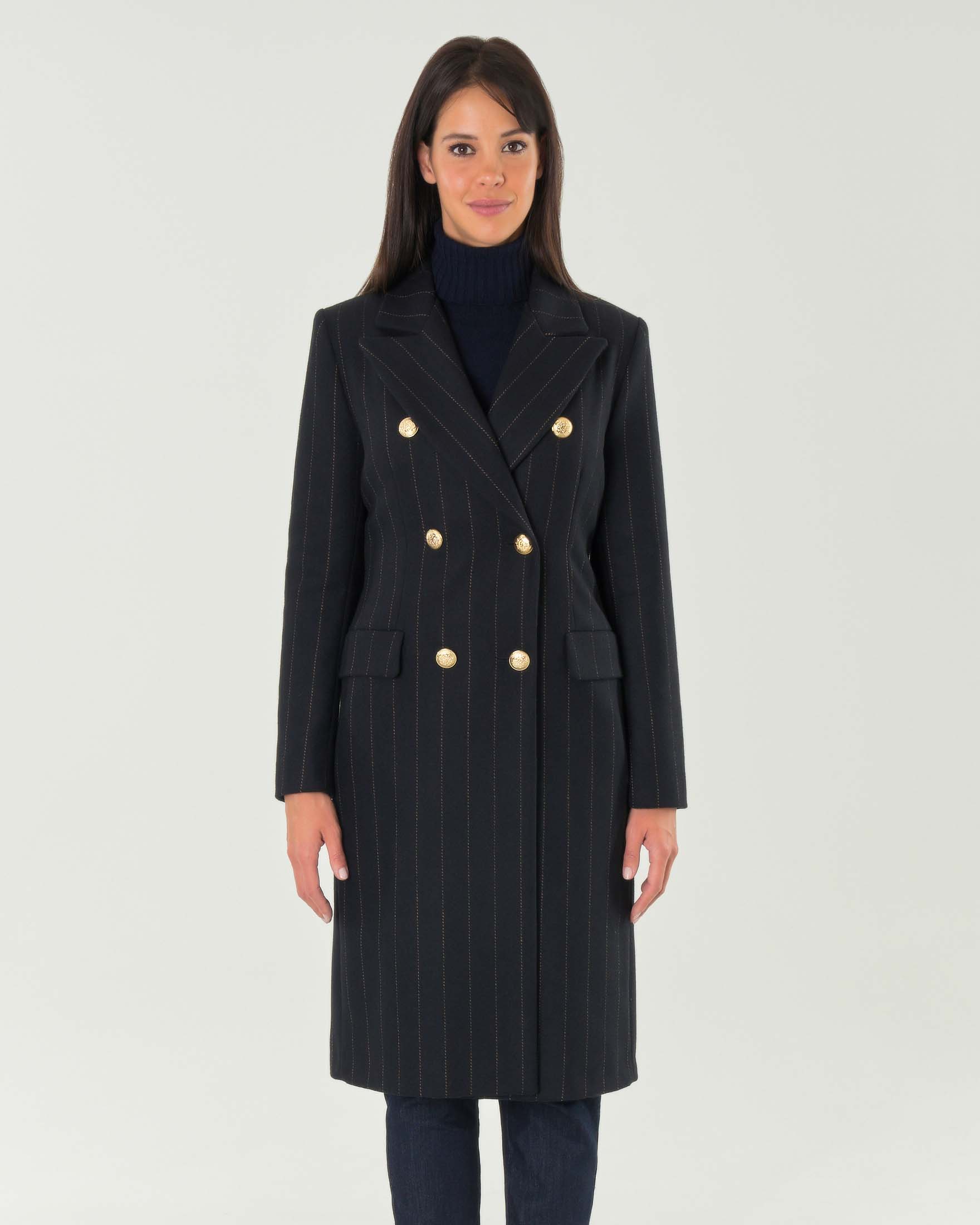 Cappotto doppiopetto nero gessato color cammello con bottoni dorati image