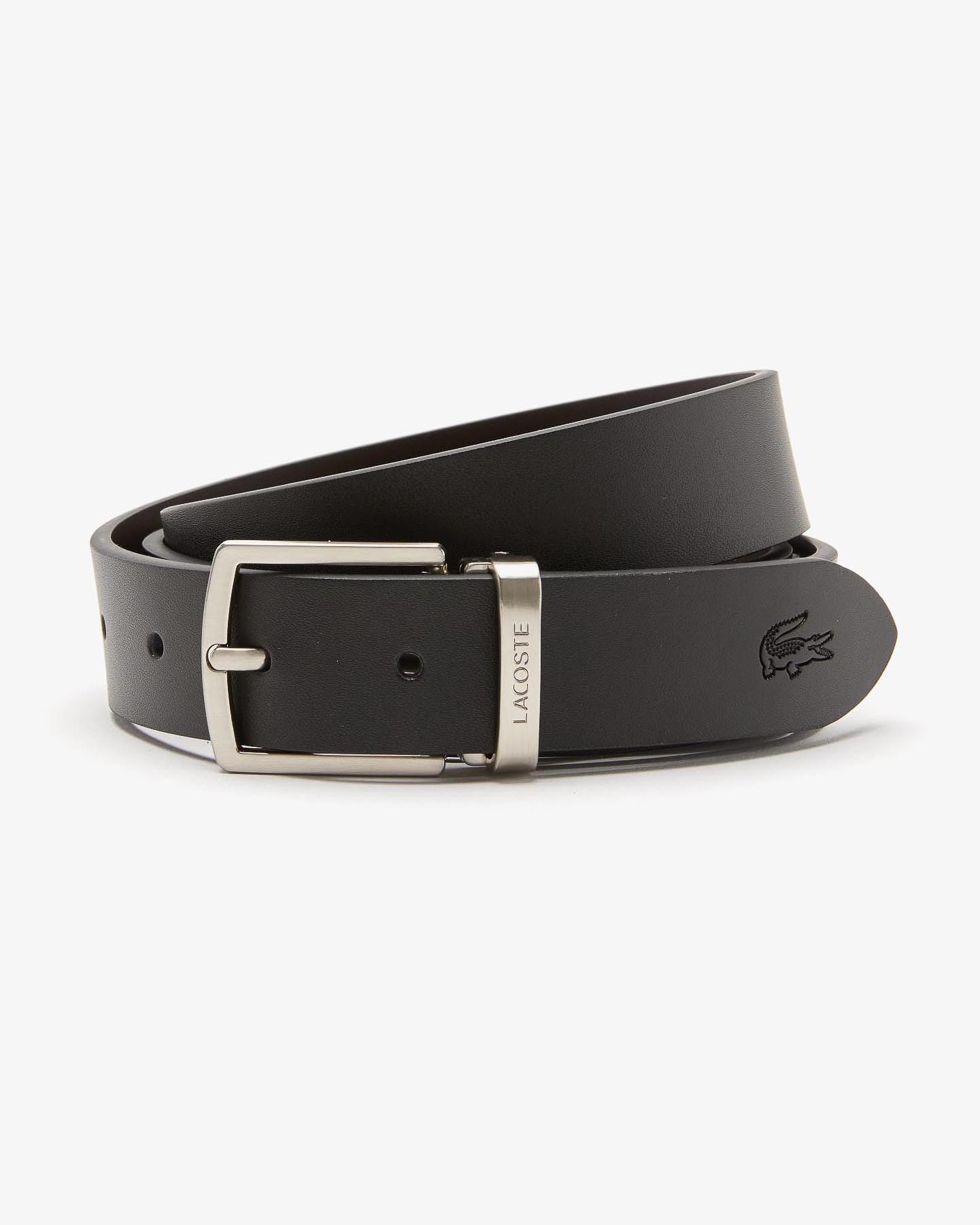 Cintura set regalo nera o marrone Lacoste con doppia fibbia in metallo argento