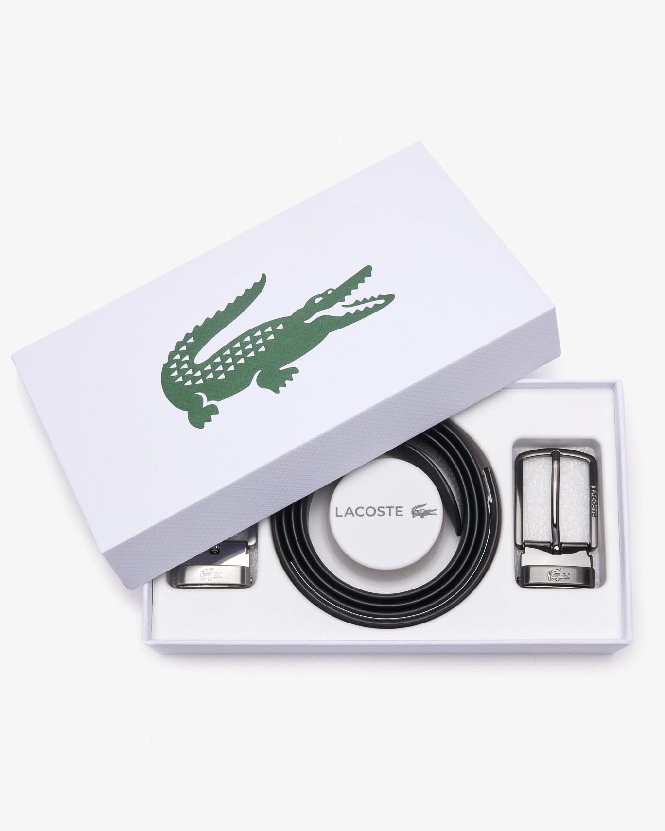 Cintura set regalo nera Lacoste in pelle martellata con doppia fibbia in metallo argento e brunito