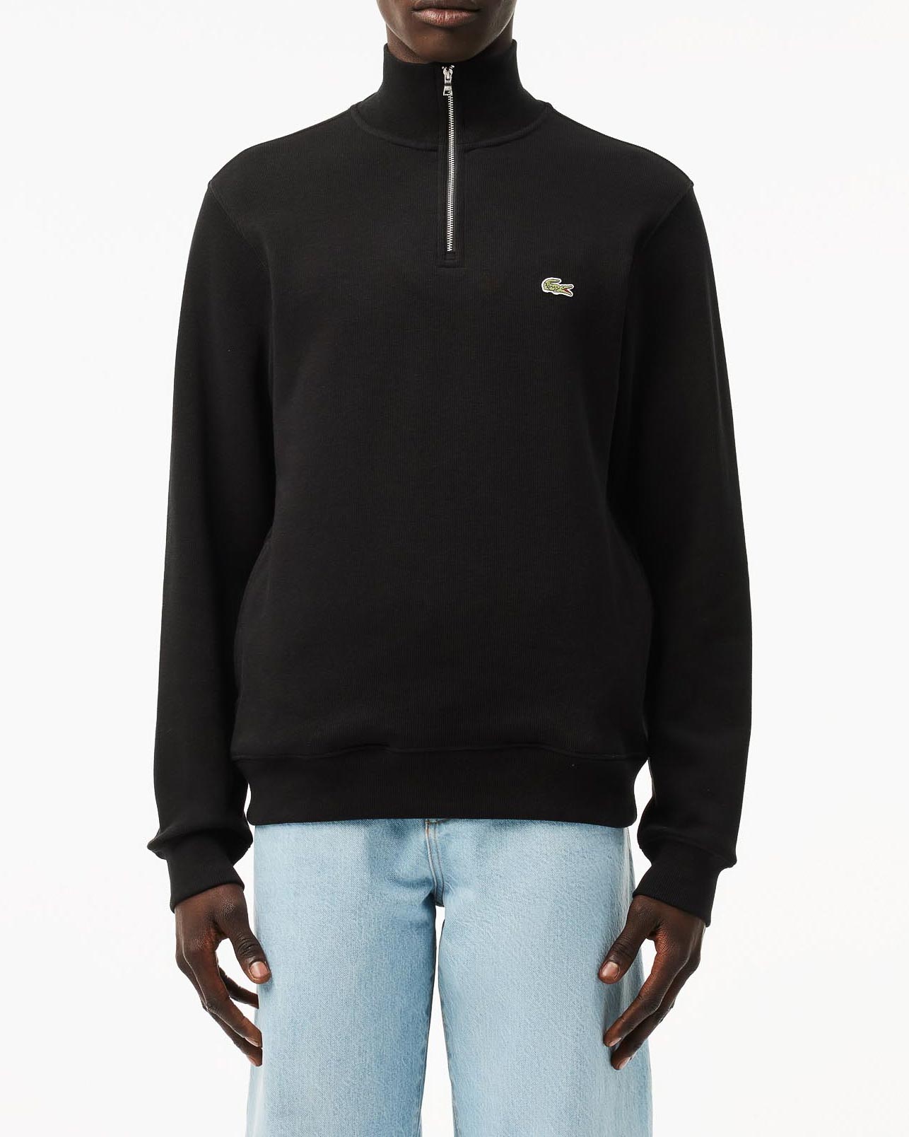 Felpa Lacoste nera in interlock di cotone con apertura a mezza zip