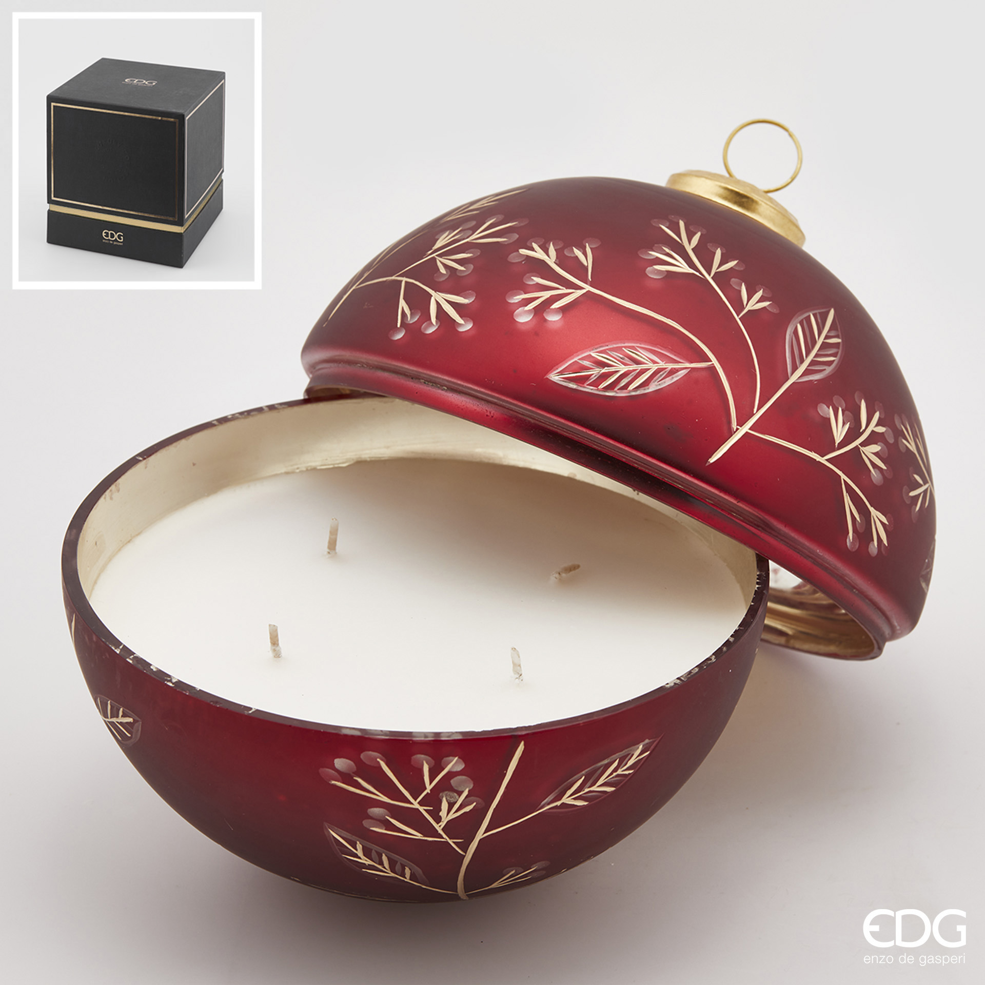 Candela Profumata con Vetro Sfera Rossa Foglie 600g. Oud d.18 Edg