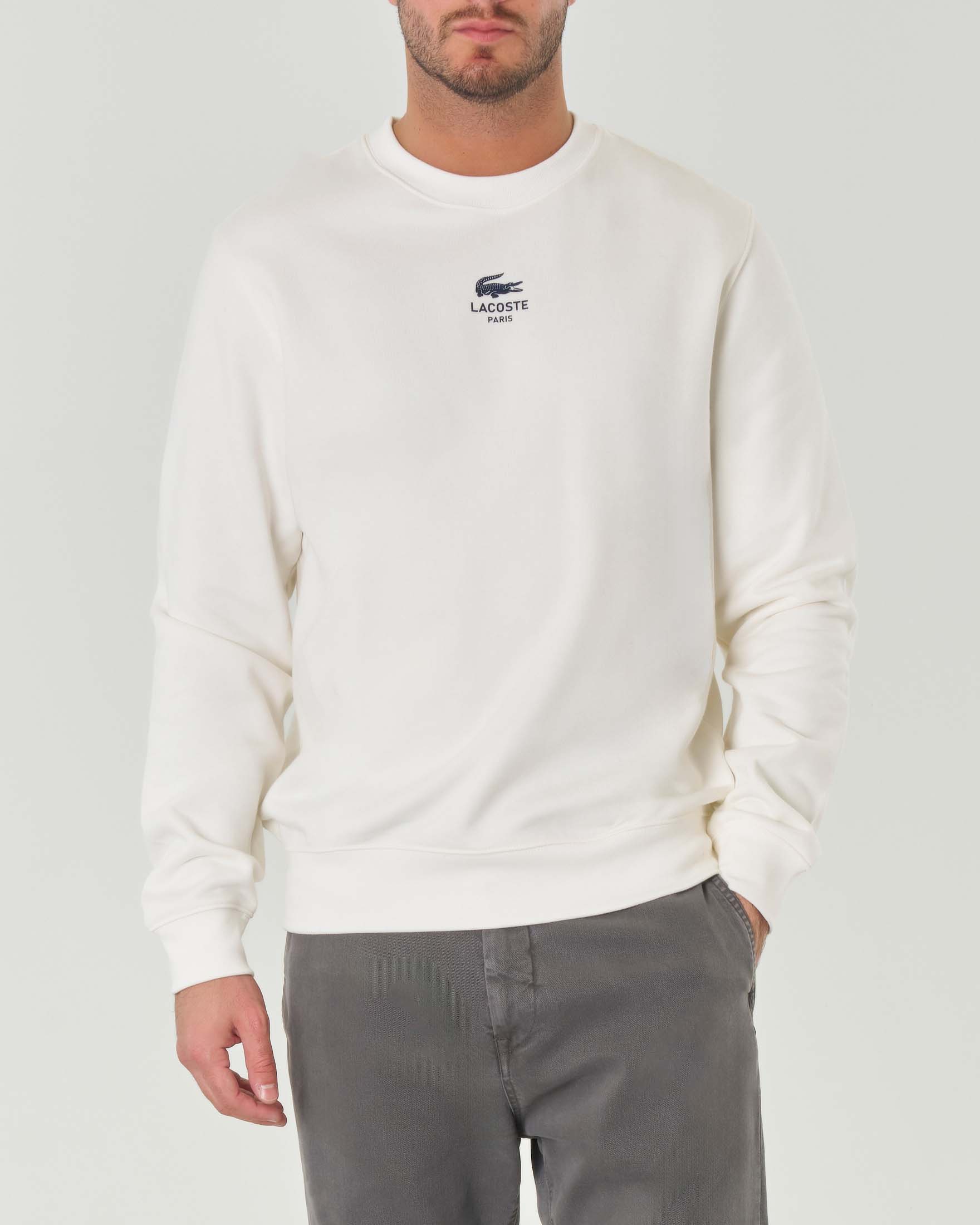 Felpa girocollo Lacoste bianca classic-fit in puro cotone con logo e coccodrillo stampati centrali sul petto
