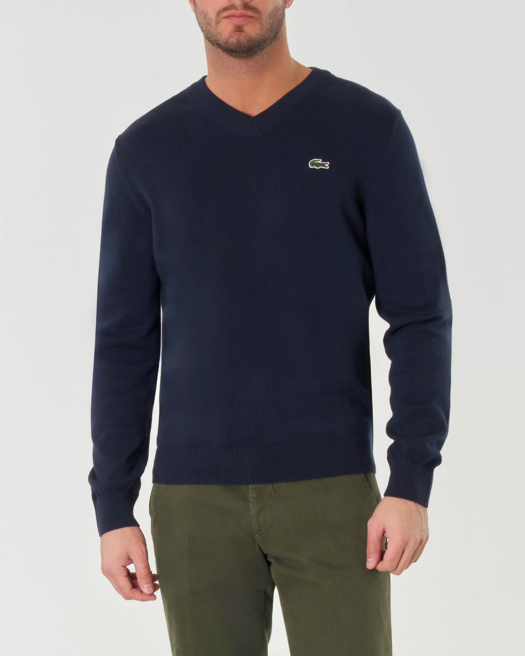 Maglia Lacoste blu scollo a V regular-fit in cotone con logo ricamato sul petto