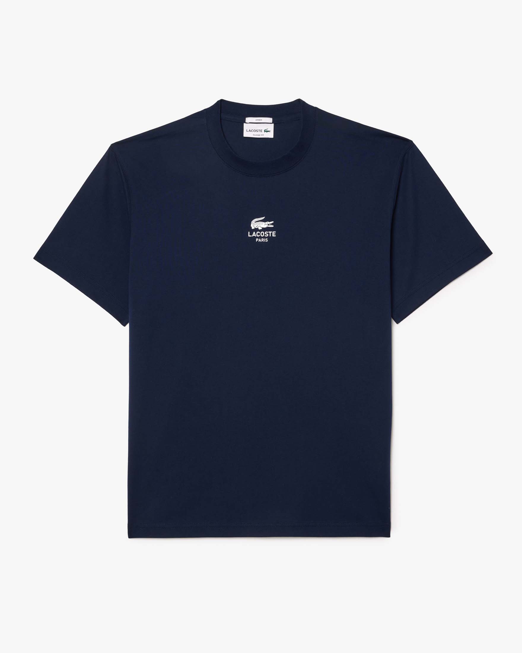T-shirt blu in jersey di puro cotone con logo e coccodrillo stampati centrali sul petto