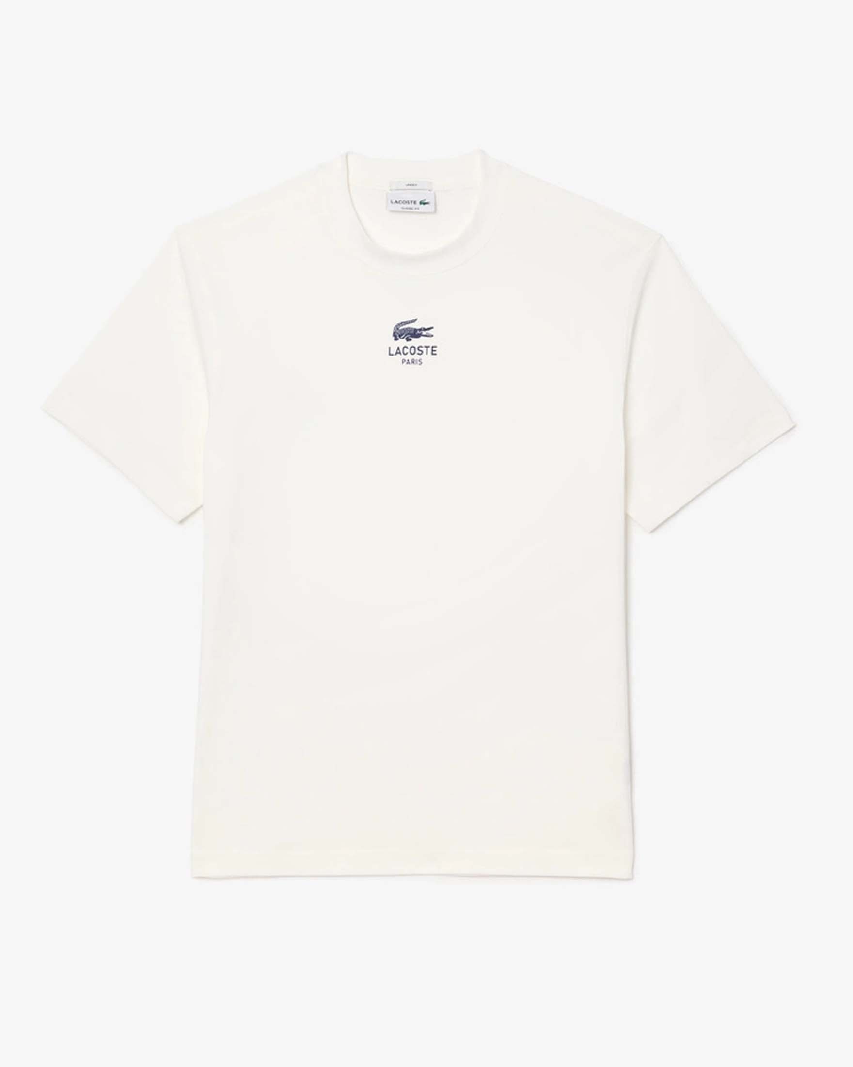 T-shirt bianca in jersey di puro cotone con logo e coccodrillo stampati centrali sul petto