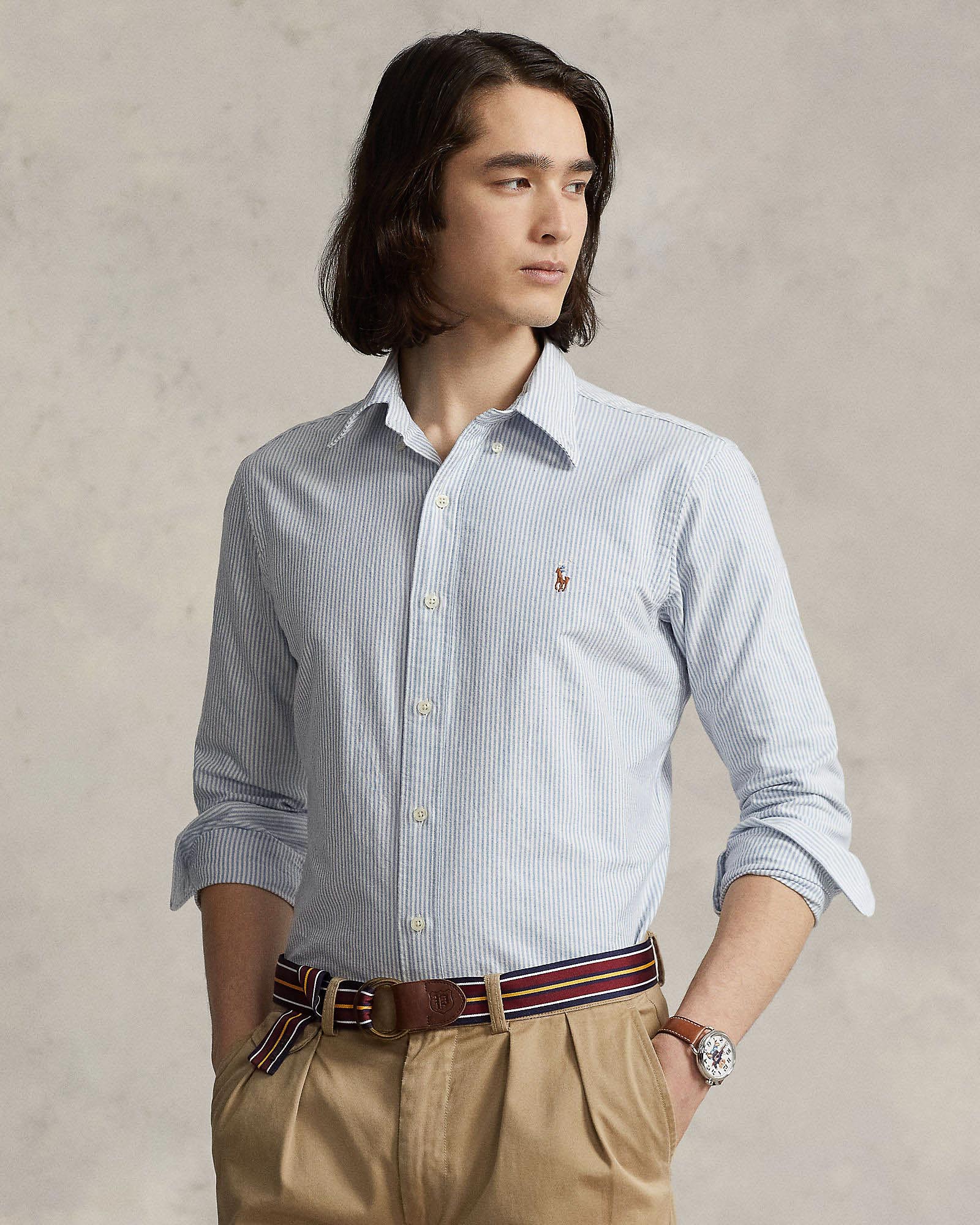 Camicia custom slim Polo Ralph Lauren a righe bianche e azzurre in oxford di cotone con colletto button-down