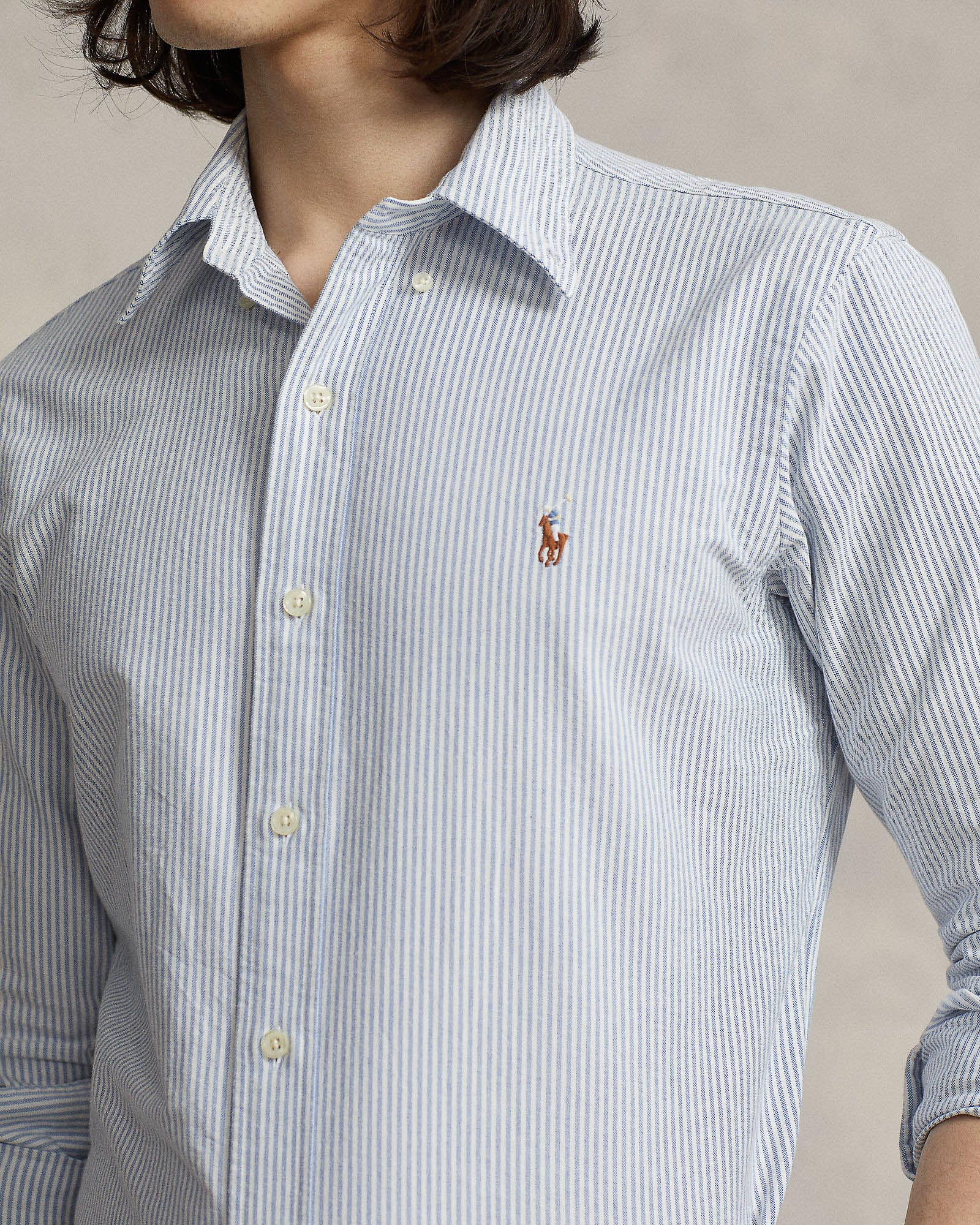 Camicia custom slim Polo Ralph Lauren a righe bianche e azzurre in oxford di cotone con colletto button-down image