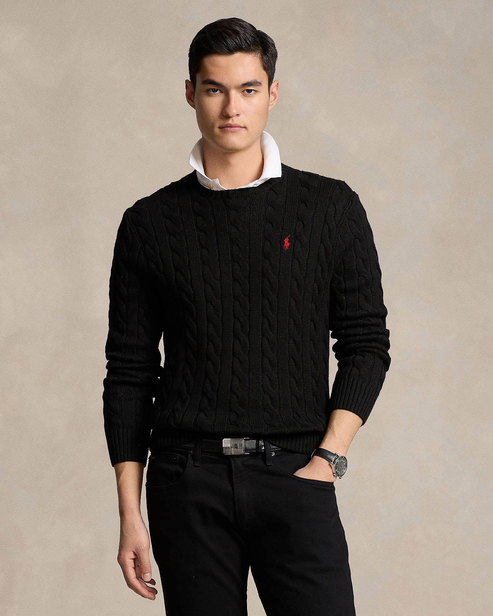 Maglia girocollo Polo nera a trecce in cotone con logo pony rosso ricamato sul petto
