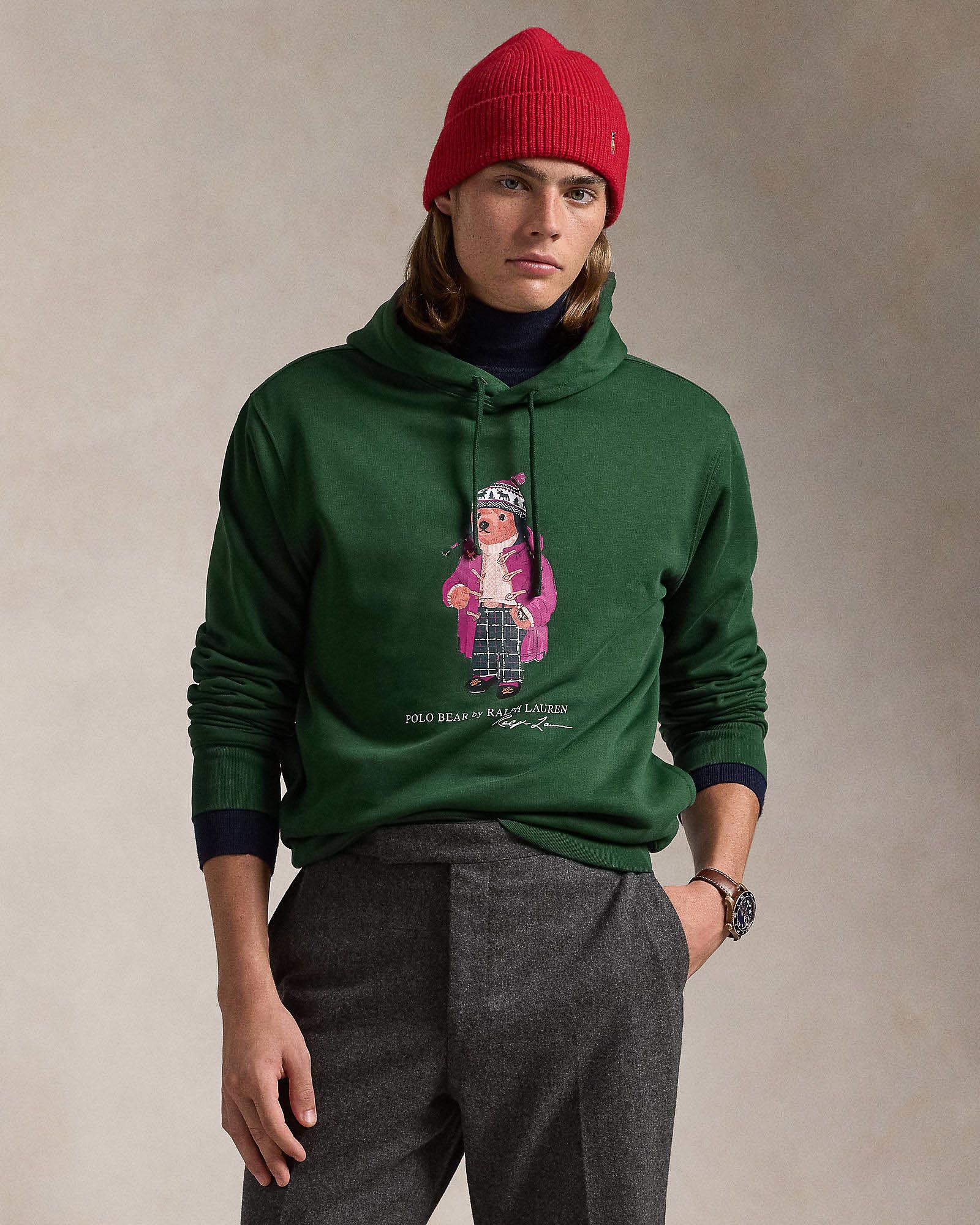 Felpa verde con cappuccio in cotone con maxi stampa Polo Bear frontale