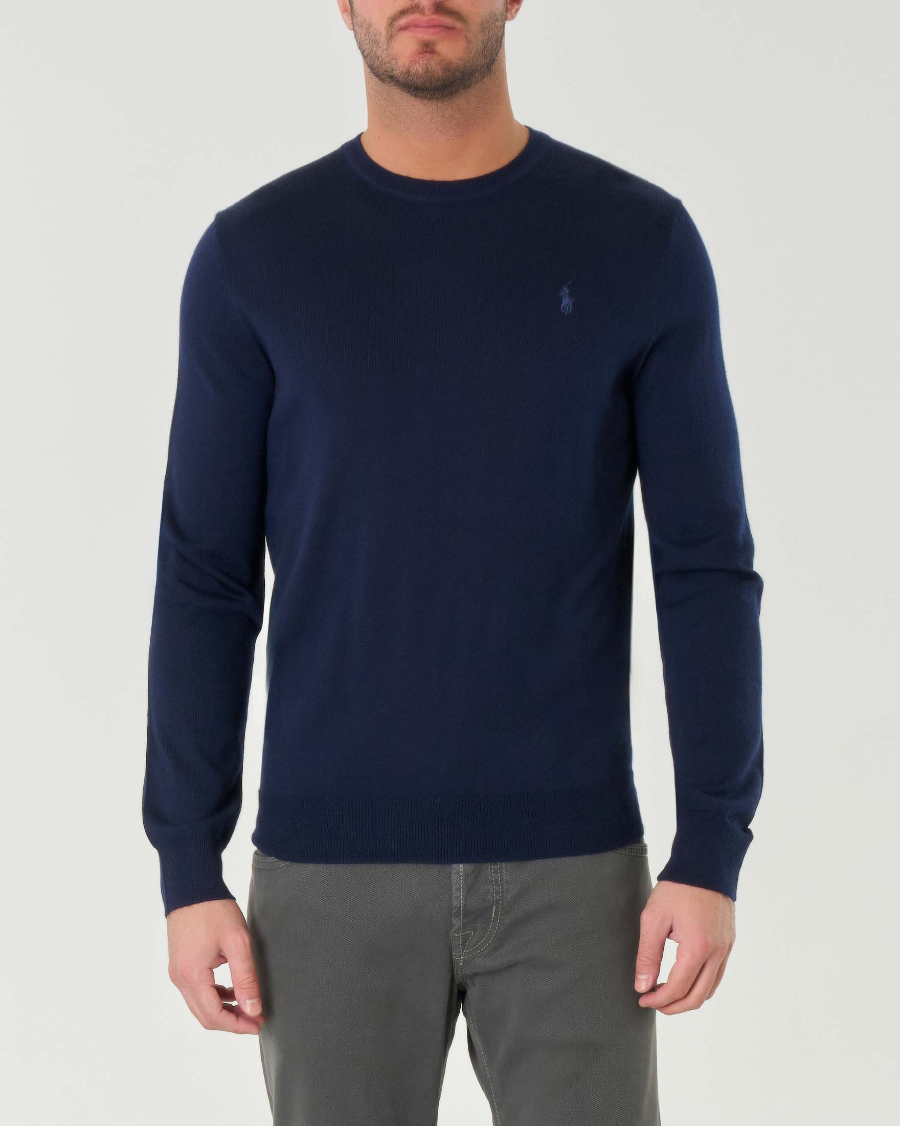 Maglia Polo Ralph Lauren blu girocollo in pura lana merino con logo pony ricamato in tono sul petto