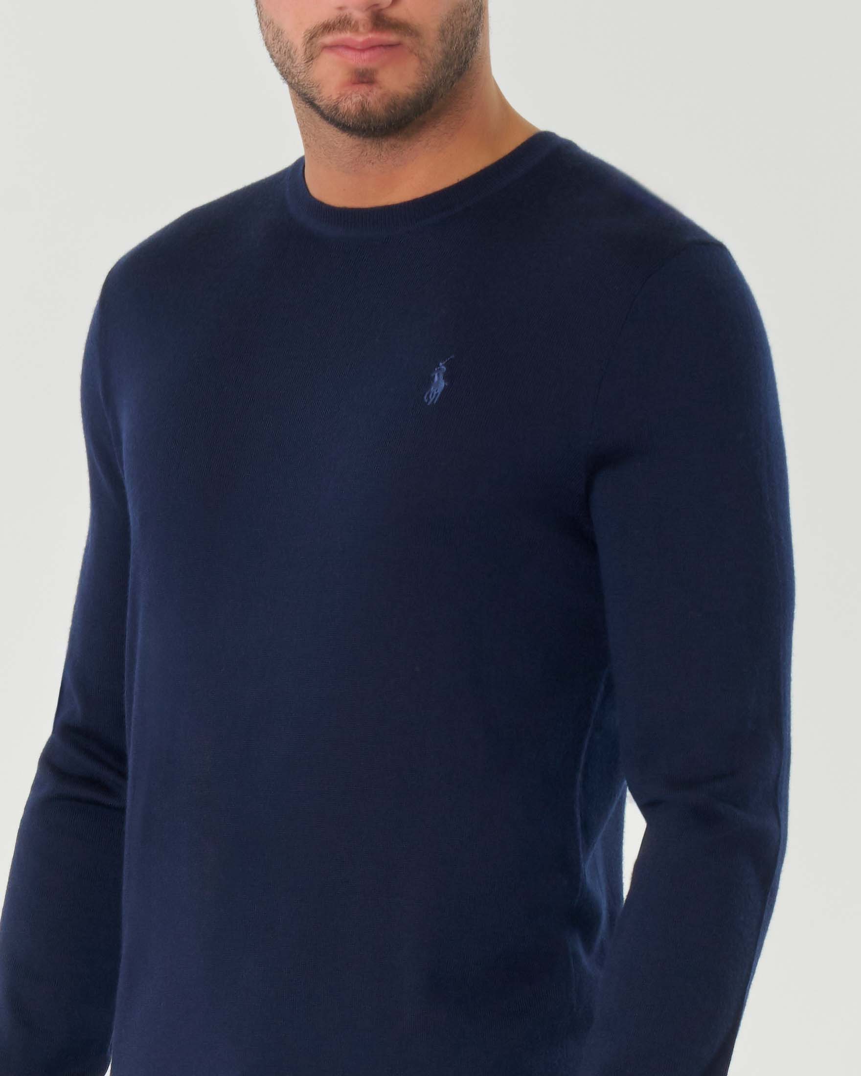 Maglia Polo Ralph Lauren blu girocollo in pura lana merino con logo pony ricamato in tono sul petto image