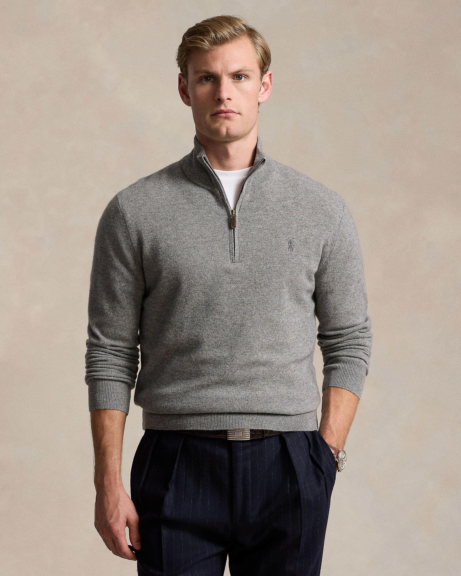 Maglia Polo Ralph Lauren grigia in pura lana con apertura a mezza zip e logo pony in tono sul petto