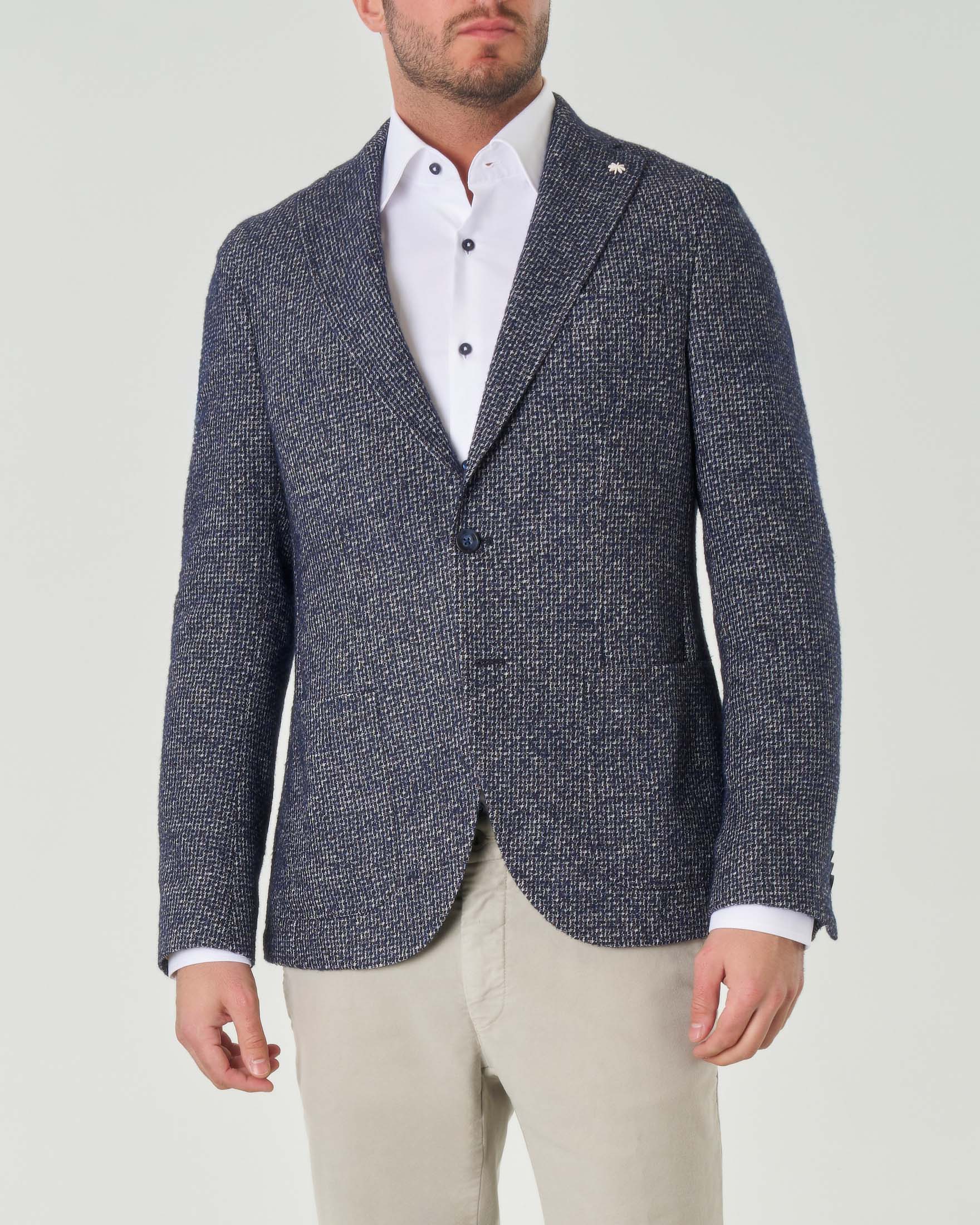 Blazer monopetto blu slim-fit in bouclé di misto cotone e lana bicolore con tasche applicate