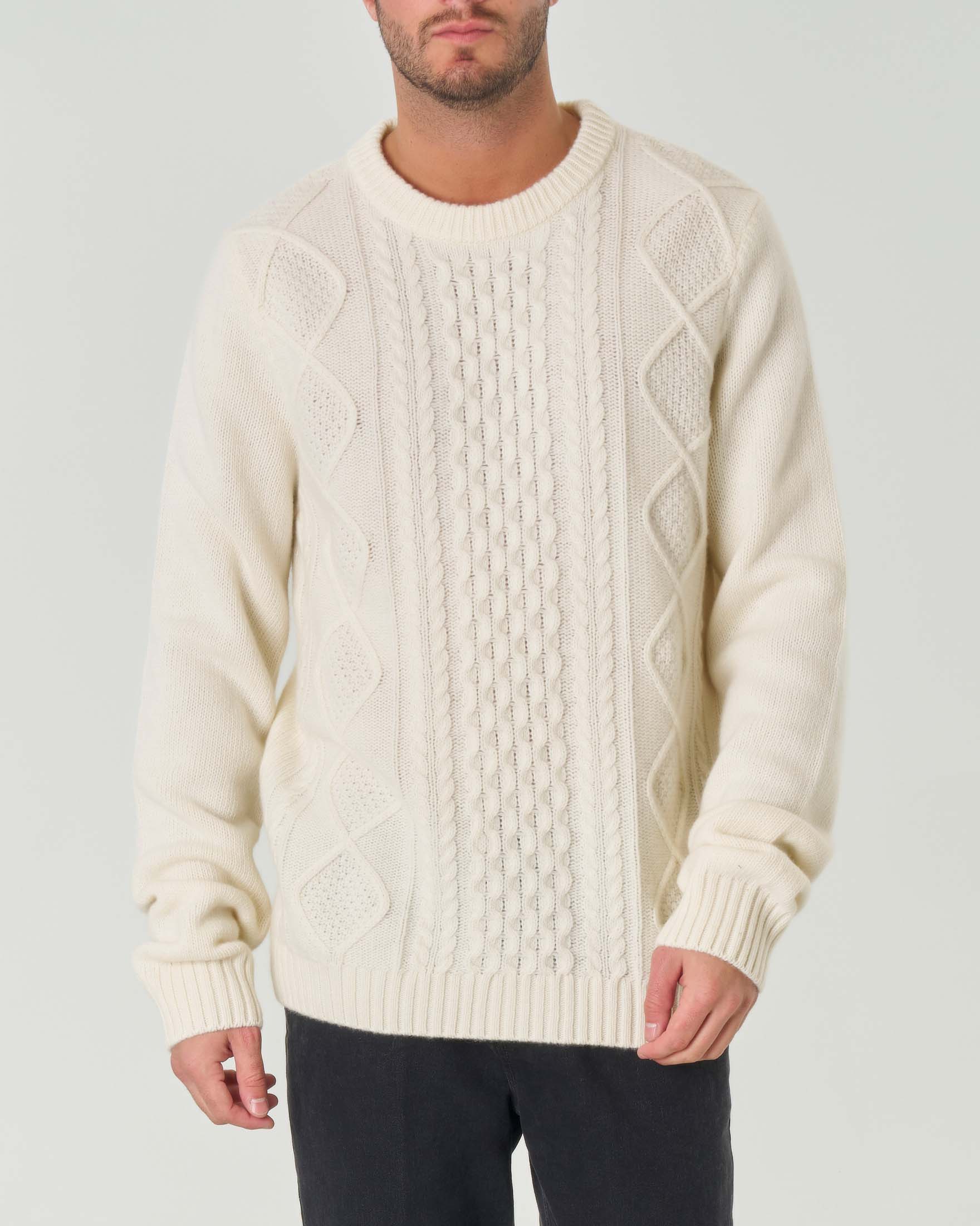 Maglione girocollo color ecrù in lana con motivo a trecce in stile norvegese