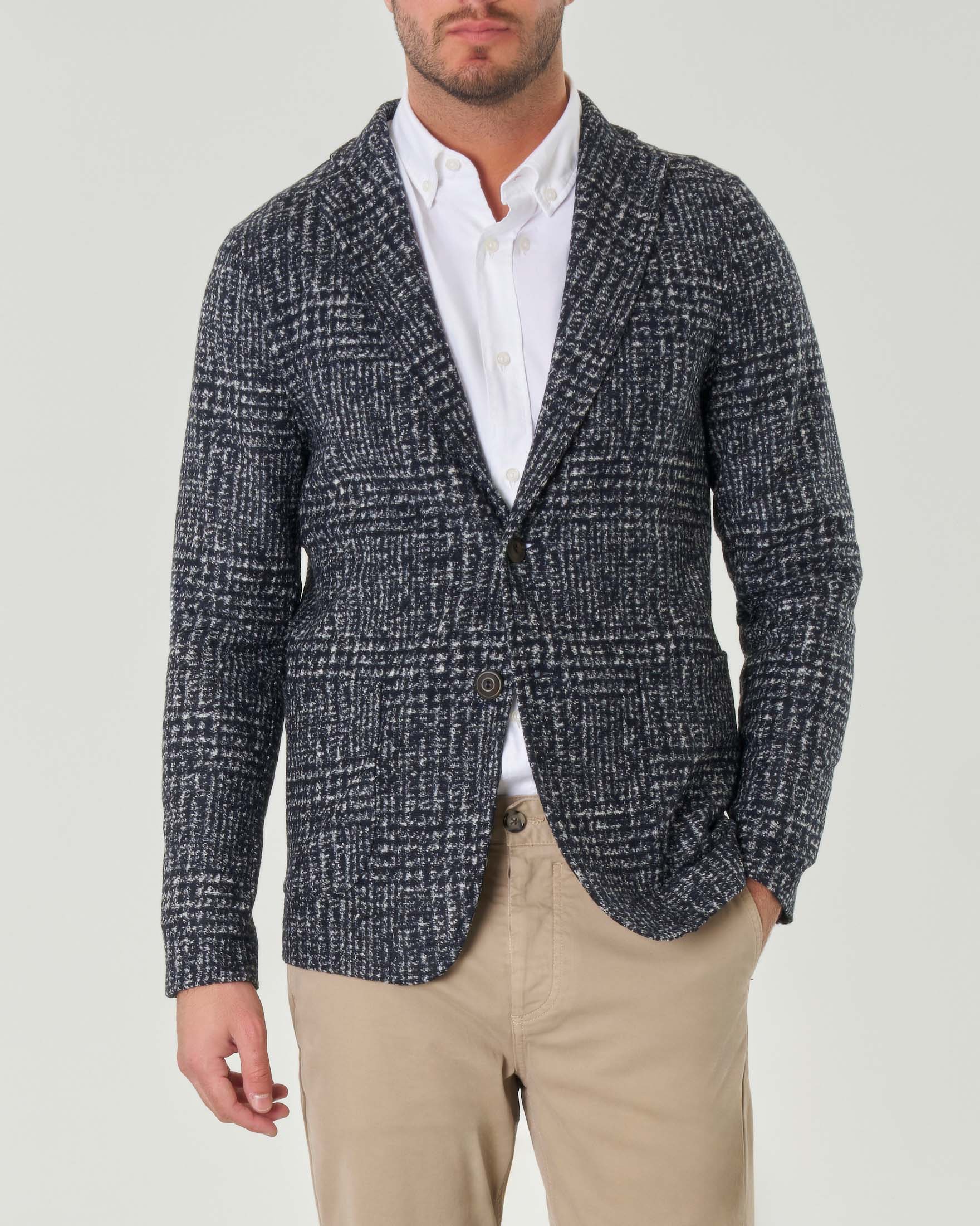 Giacca blu in maglia di cotone e lana a motivo Principe di Galles bianco