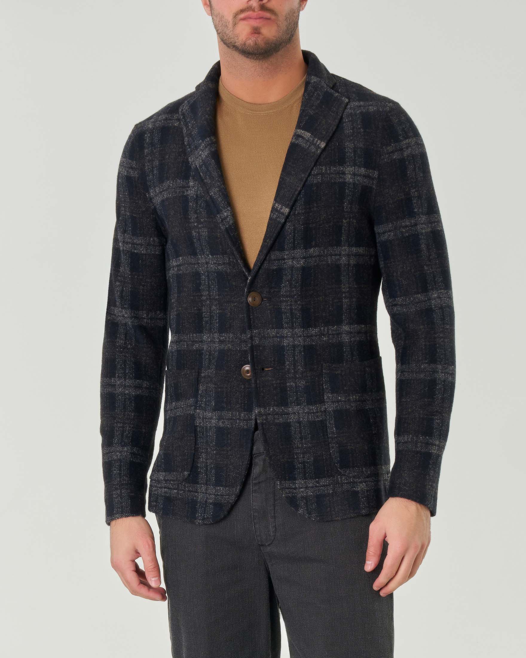 Giacca blu in maglia di misto lana a fantasia check grigia