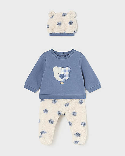 Completo in cotone stretch a tre pezzi avio e panna