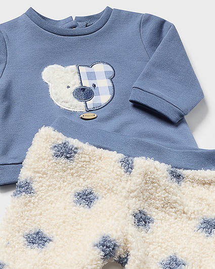 Completo in cotone stretch a tre pezzi avio e panna