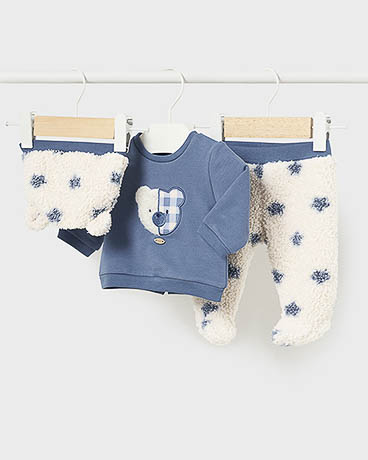 Completo in cotone stretch a tre pezzi avio e panna