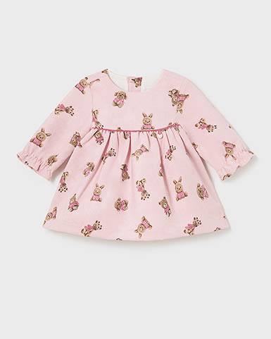 Abito mini Mayoral rosa fit and flare in velluto con stampa orsetti a maniche lunghe