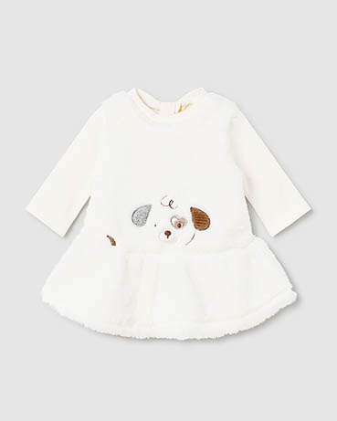 Abito mini Mayoral bianco in punto pelliccia a maniche lunghe con ricamo cagnolino e fascetta